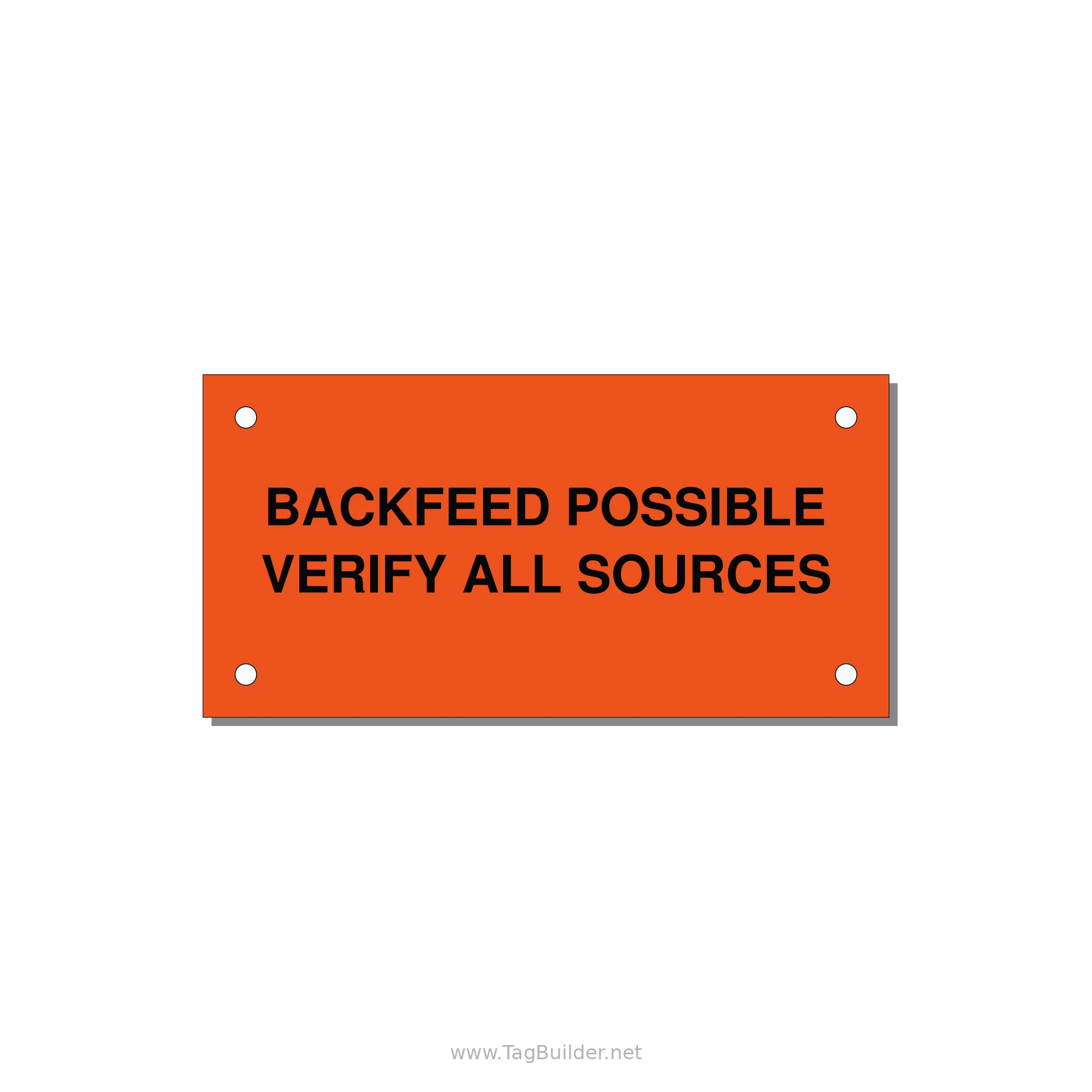 4.0x2.0" Safety Label - BACKFEED POSSIBLE VERIFY — 4x2" Black on Orange, Holes