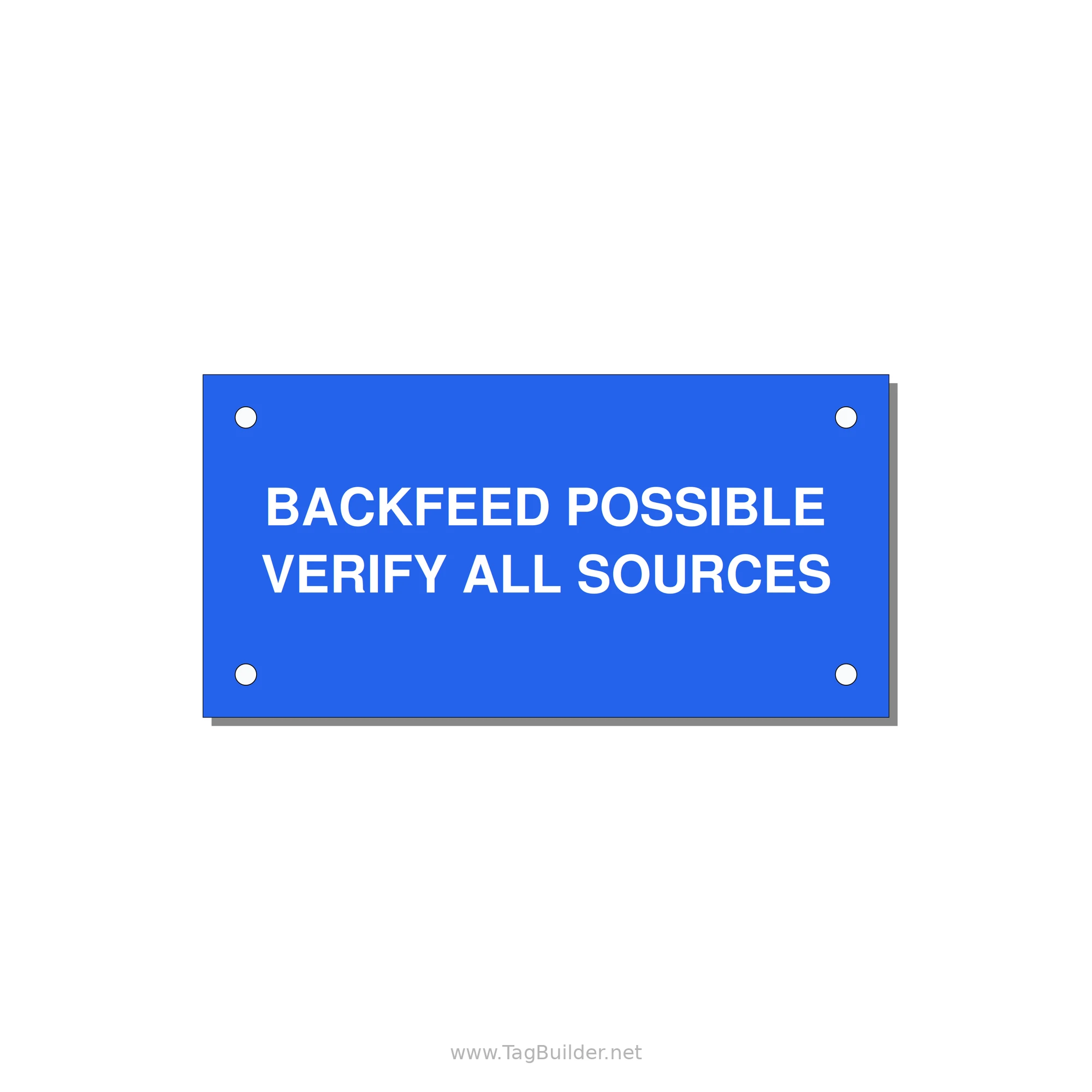 4.0x2.0" Safety Label - BACKFEED POSSIBLE VERIFY — 4x2" White on Blue, Holes