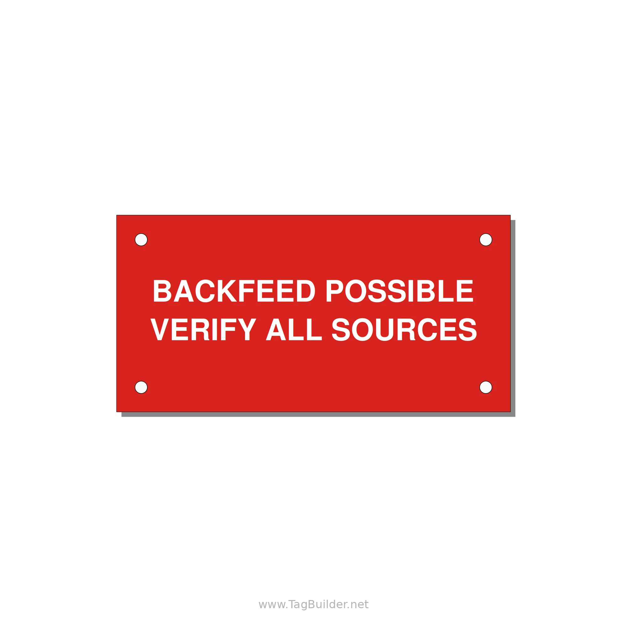 4.0x2.0" Safety Label - BACKFEED POSSIBLE VERIFY — 4x2" White on Red, Holes