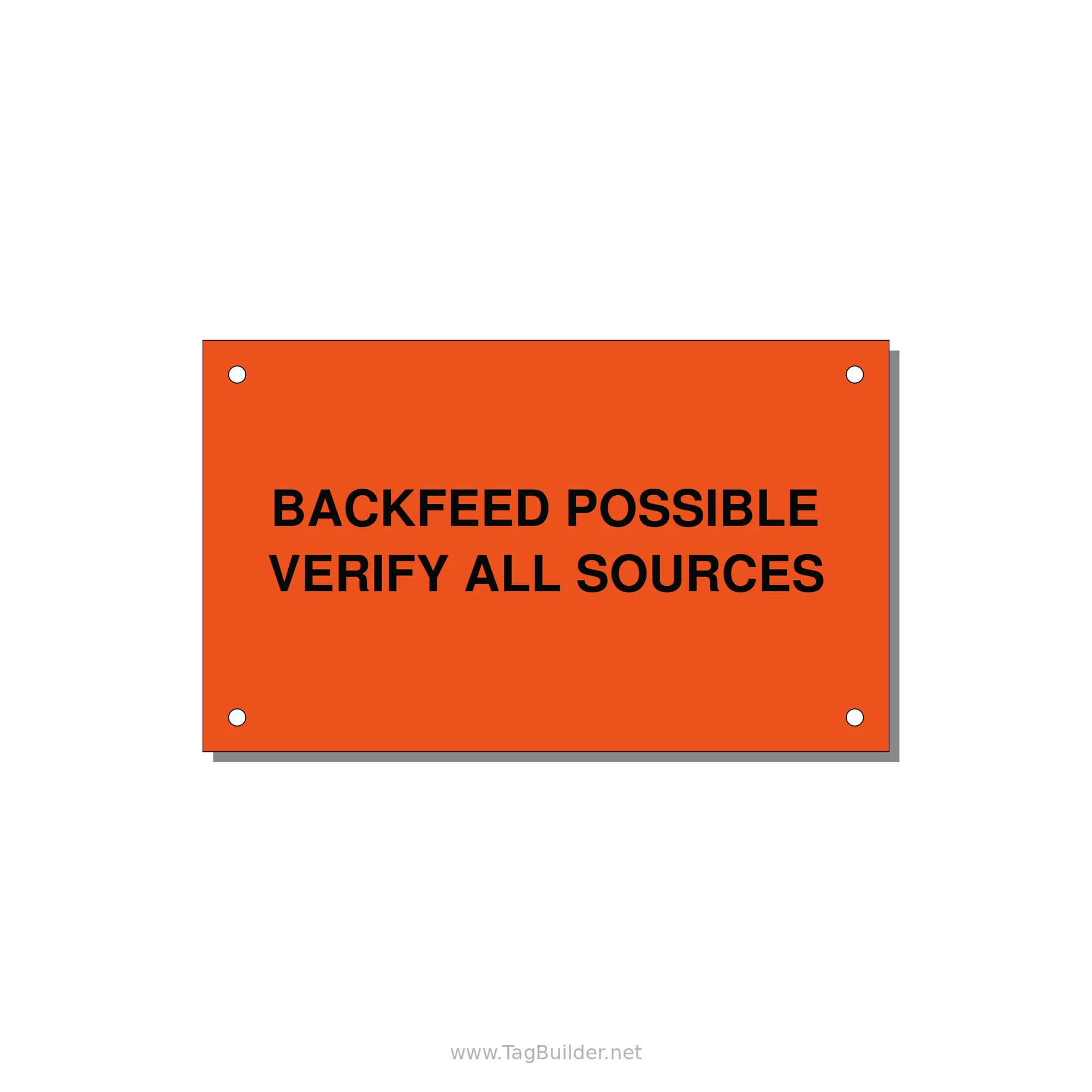5.0x3.0" Safety Label - BACKFEED POSSIBLE VERIFY — 5x3" Black on Orange, Holes