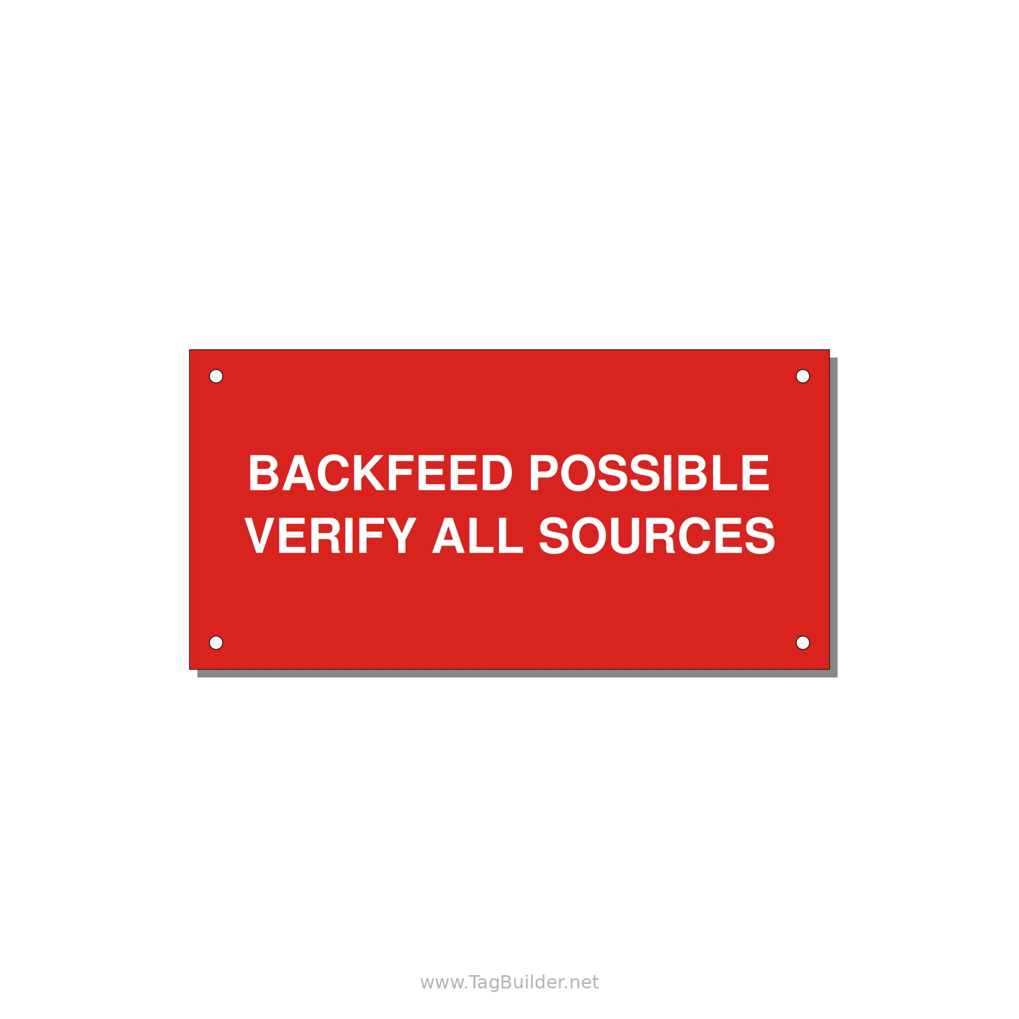 6.0x3.0" Safety Label - BACKFEED POSSIBLE VERIFY — 6x3" White on Red, Holes