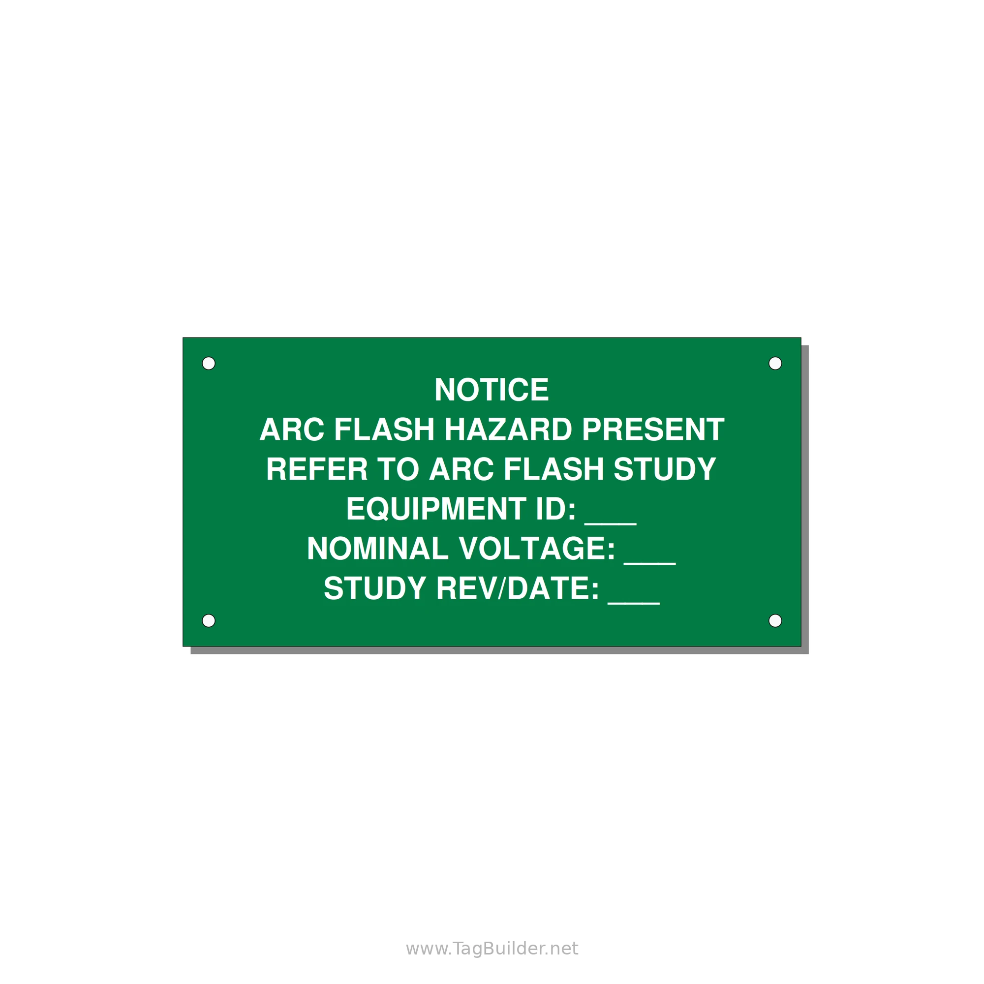 Arc Flash Hazard Label (Refer to Study) — NFPA 70E — 6x3" White on Green, Holes