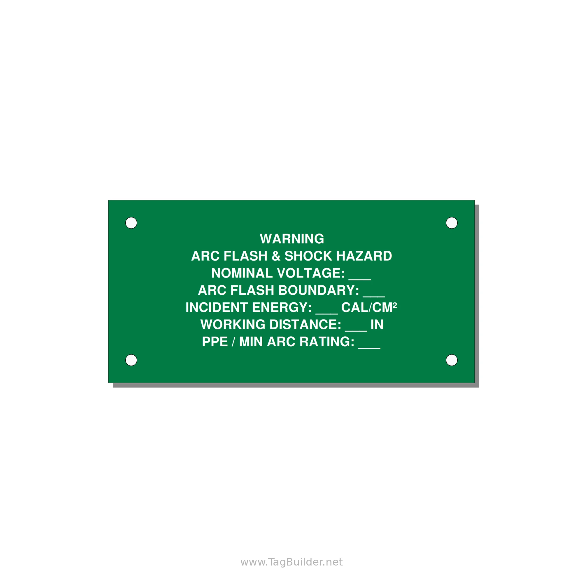 Arc Flash & Shock Hazard Label (Incident Energy Fill-In) — NFPA 70E — 4x2" White on Green, Holes