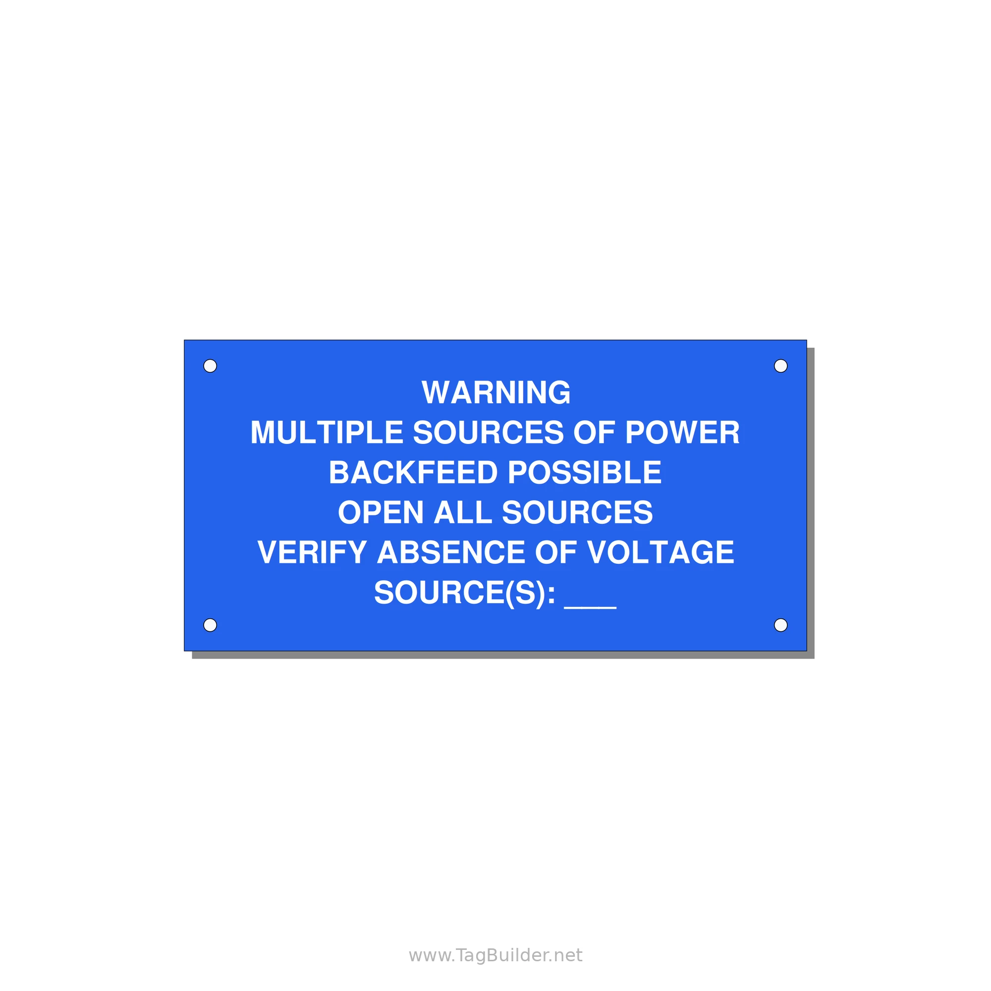 Multiple Power Sources Label (Backfeed Warning) — 6x3" White on Blue, Holes