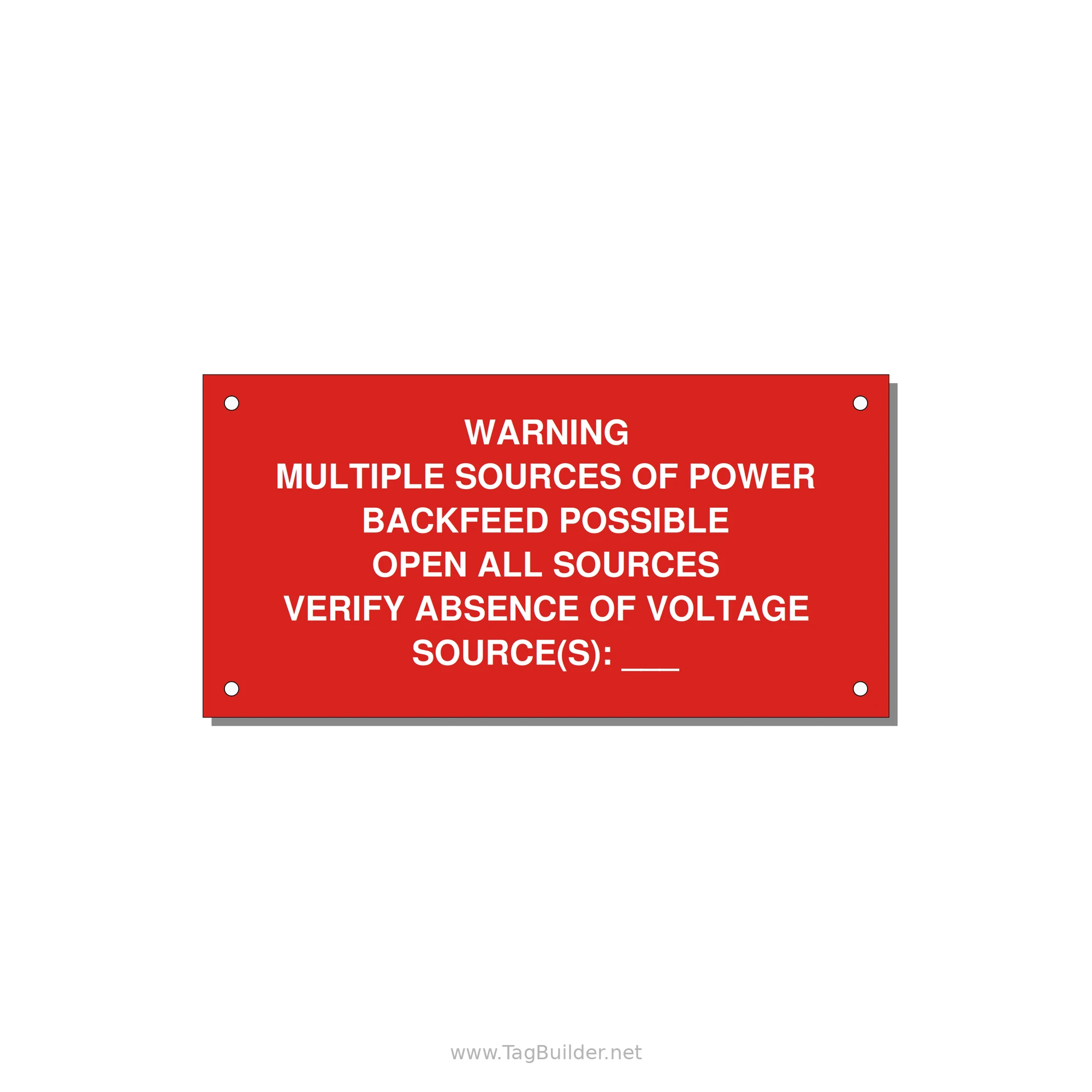 Multiple Power Sources Label (Backfeed Warning) — 6x3" White on Red, Holes