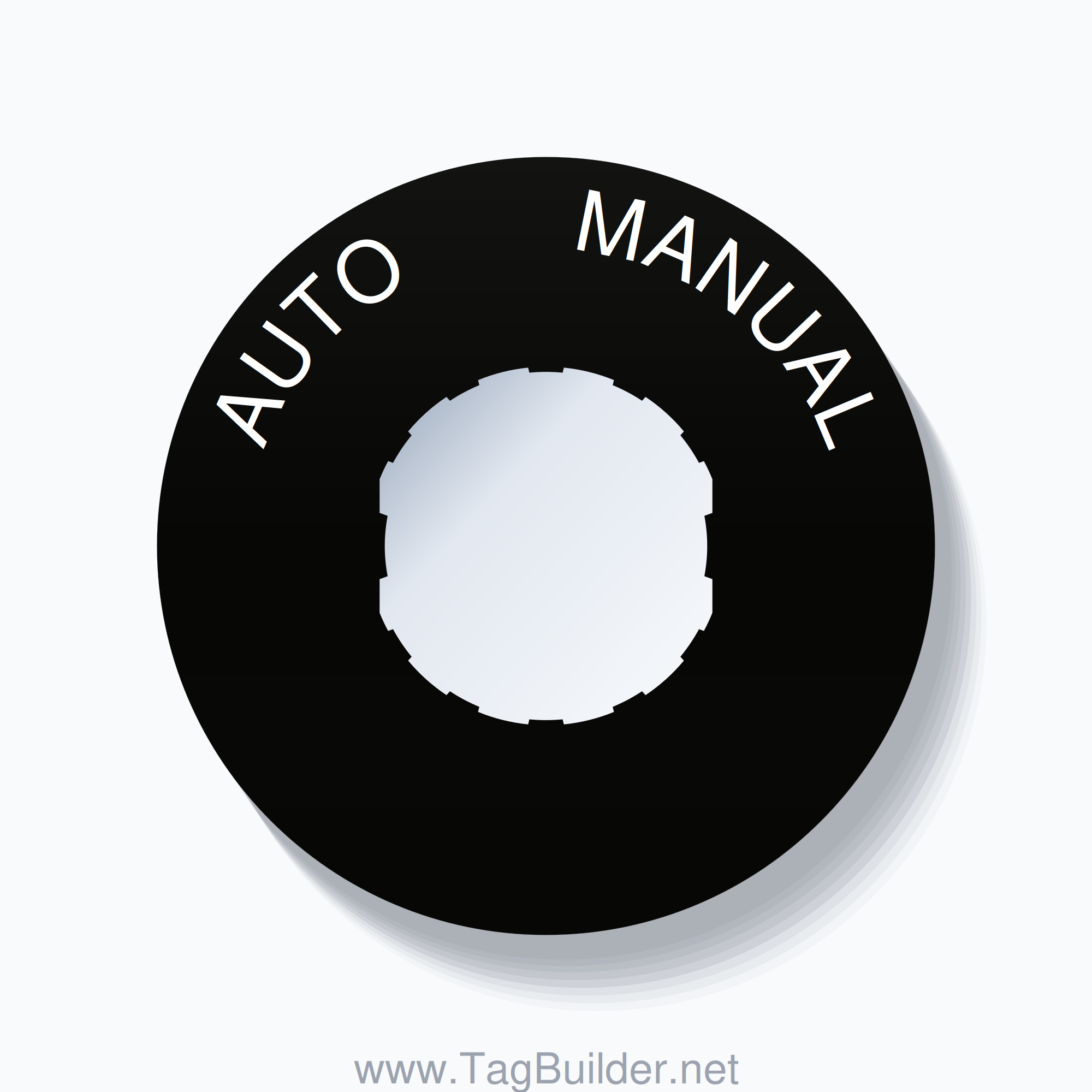 22mm Ring Tag – AUTO       MANUAL, Single-Line 60mm Round, Schneider Electric Compatible, White on Black