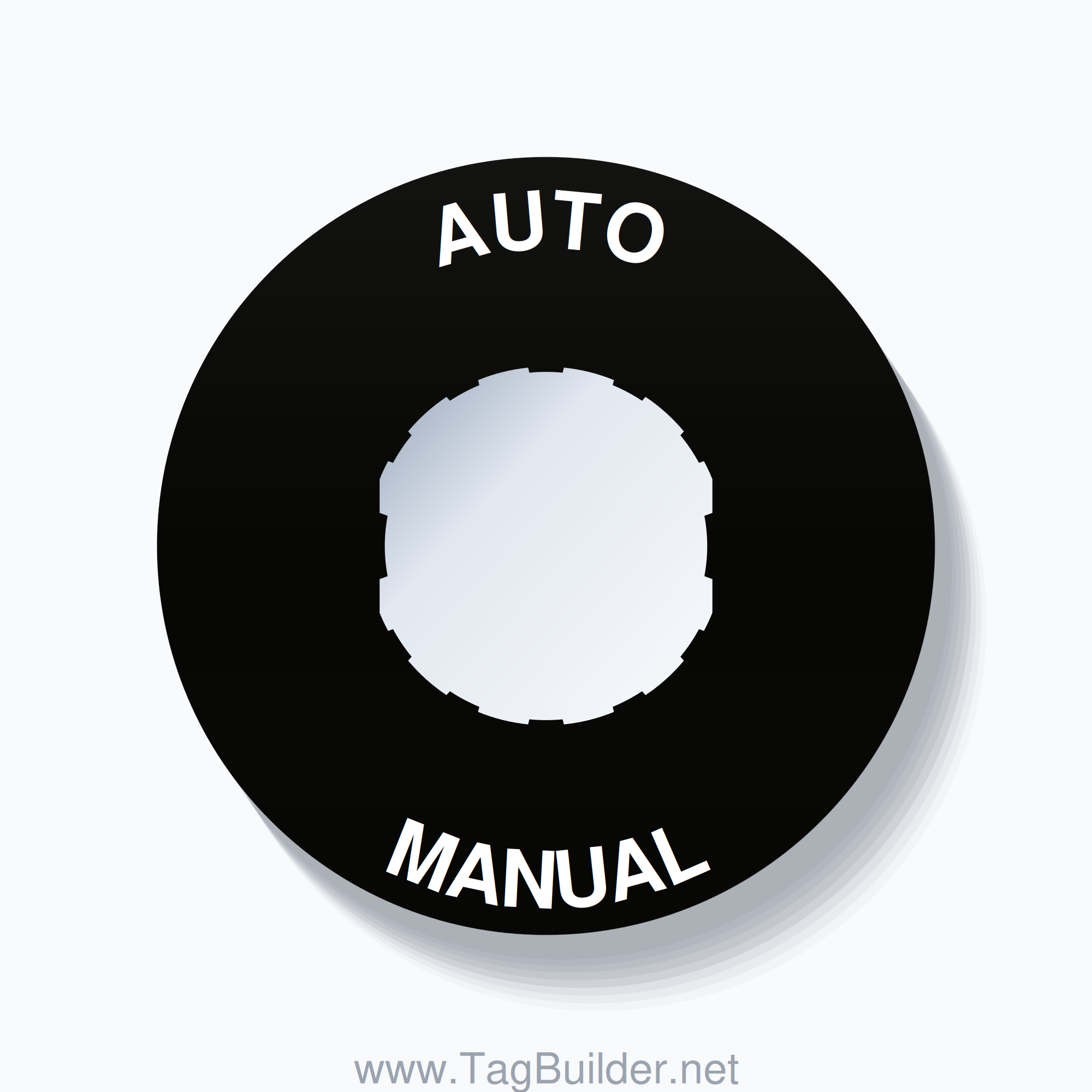 22mm Ring Tag – AUTO MANUAL, Single-Line 60mm Round, Schneider Electric Compatible, White on Black