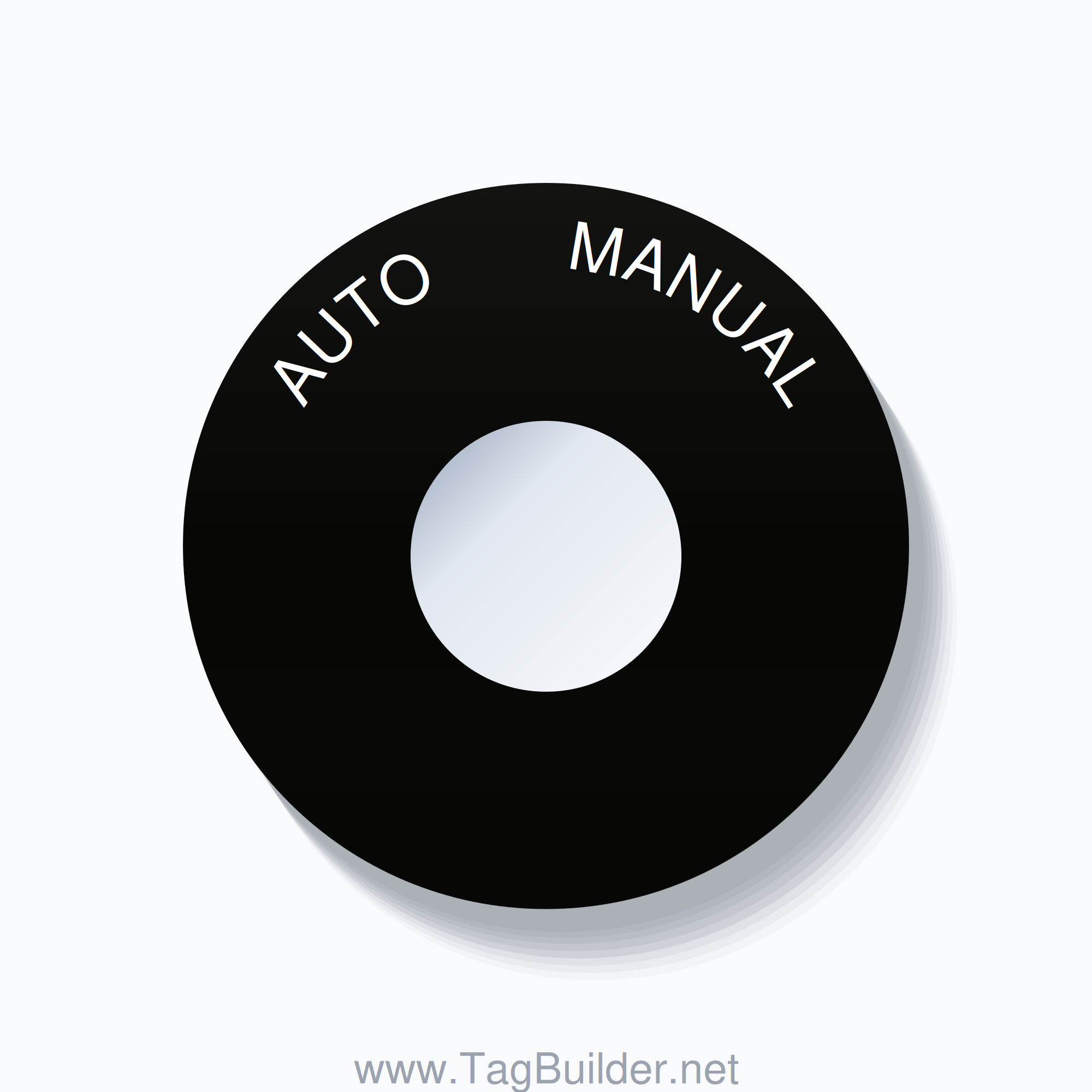 22mm Ring Tag – AUTO       MANUAL, Single-Line 60mm Round, White on Black