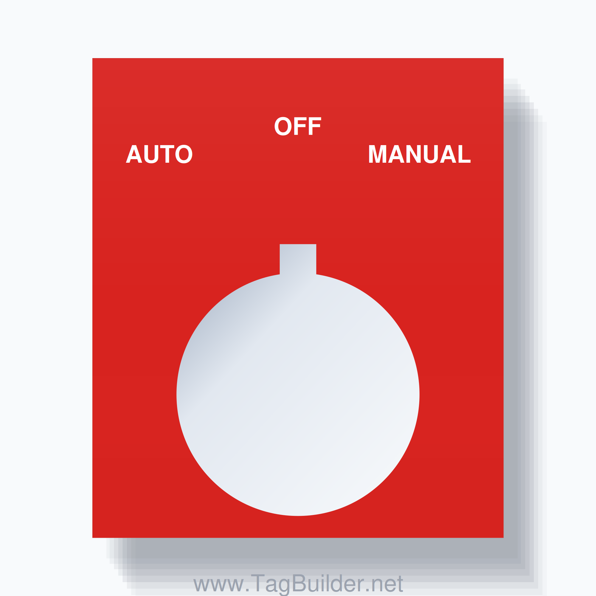 22mm Ring Tag – AUTO OFF MANUAL, Three-Line Square, Allen-Bradley Compatible, White on Red