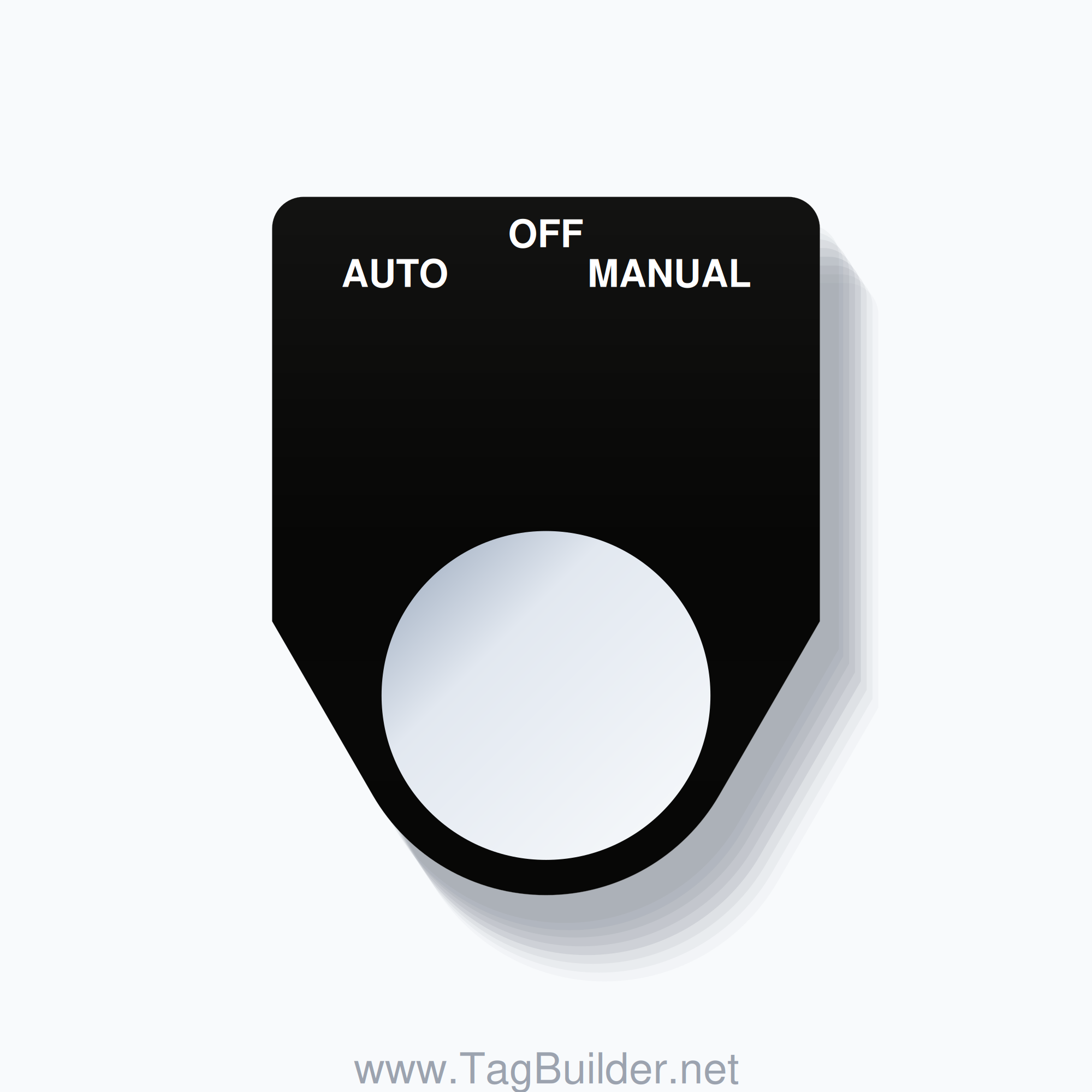 22mm Ring Tag – AUTO OFF MANUAL, Three-Line Traditional, White on Black
