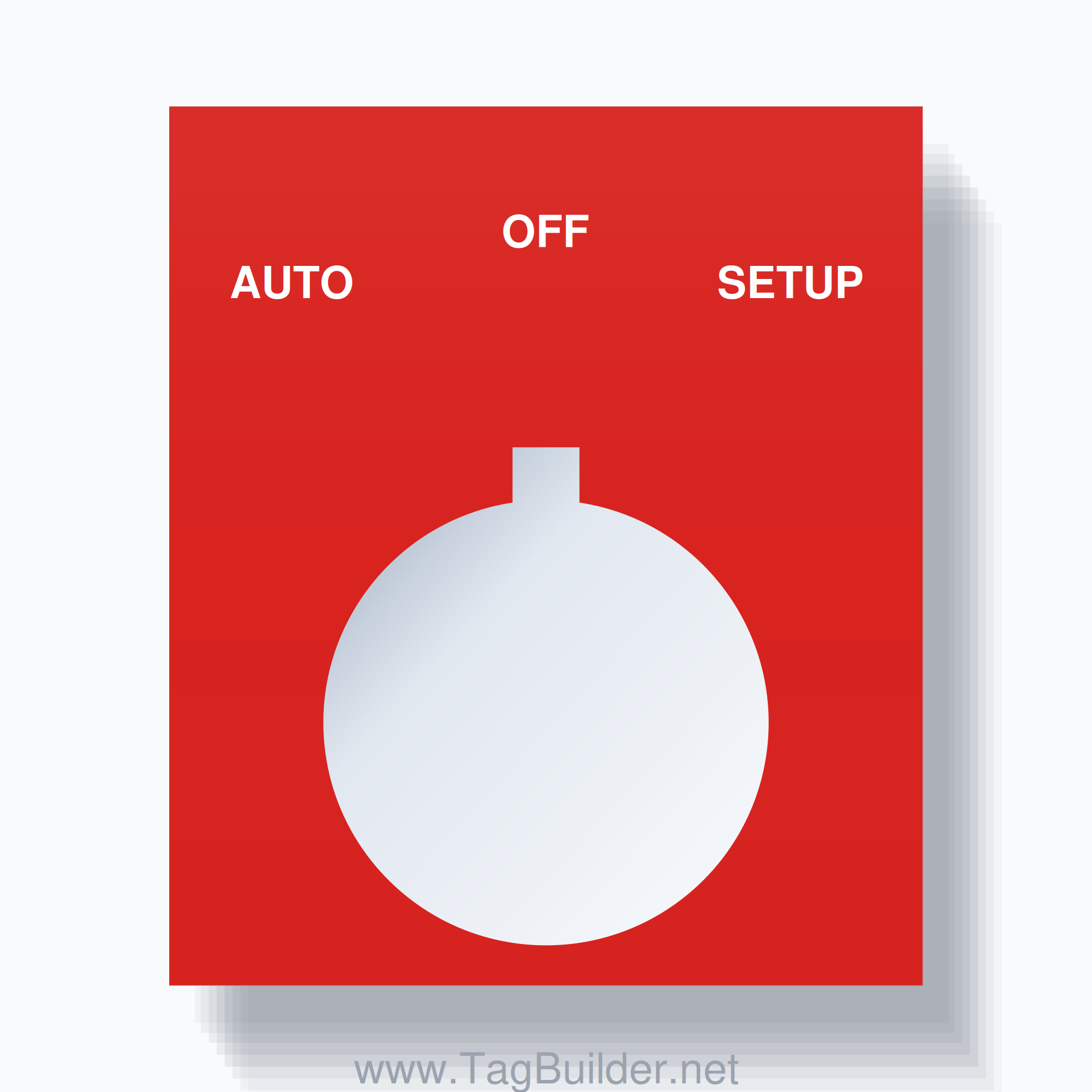 22mm Ring Tag – AUTO OFF SETUP, Three-Line Square, Allen-Bradley Compatible, White on Red