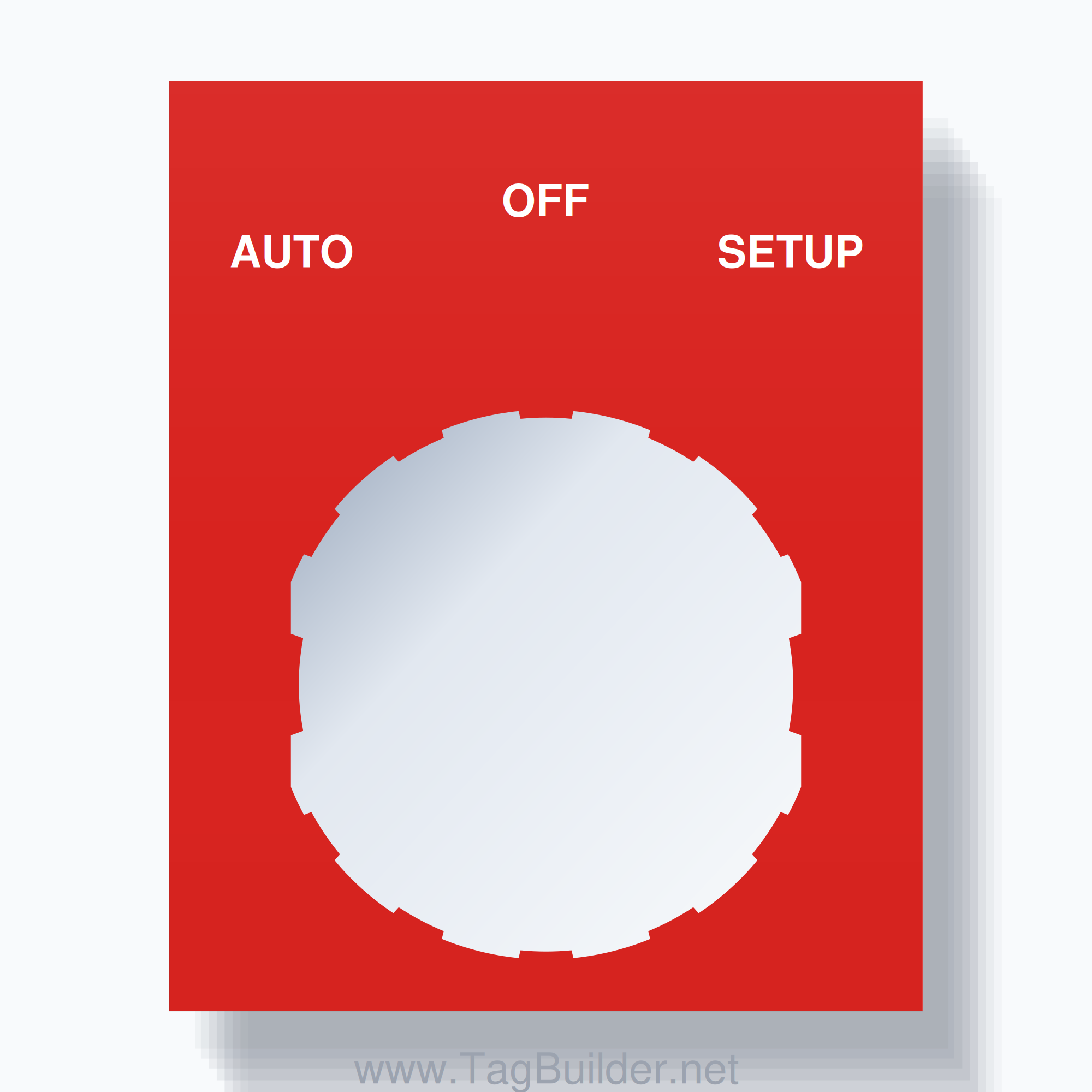 22mm Ring Tag – AUTO OFF SETUP, Three-Line Square, Schneider Electric Compatible, White on Red