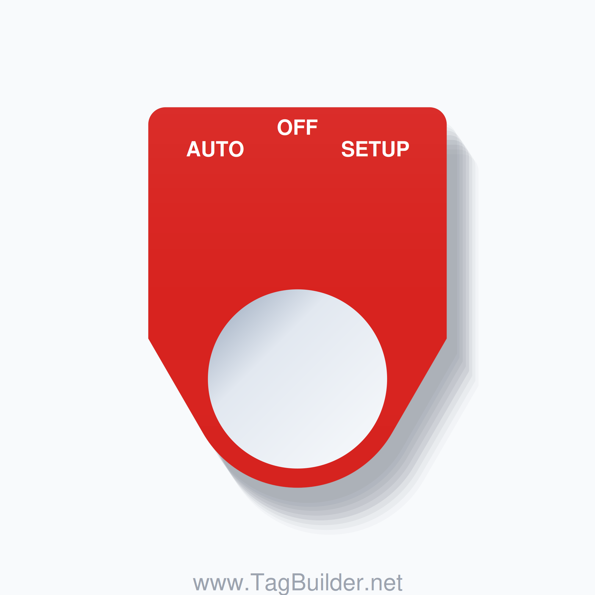 22mm Ring Tag – AUTO OFF SETUP, Three-Line Traditional, White on Red