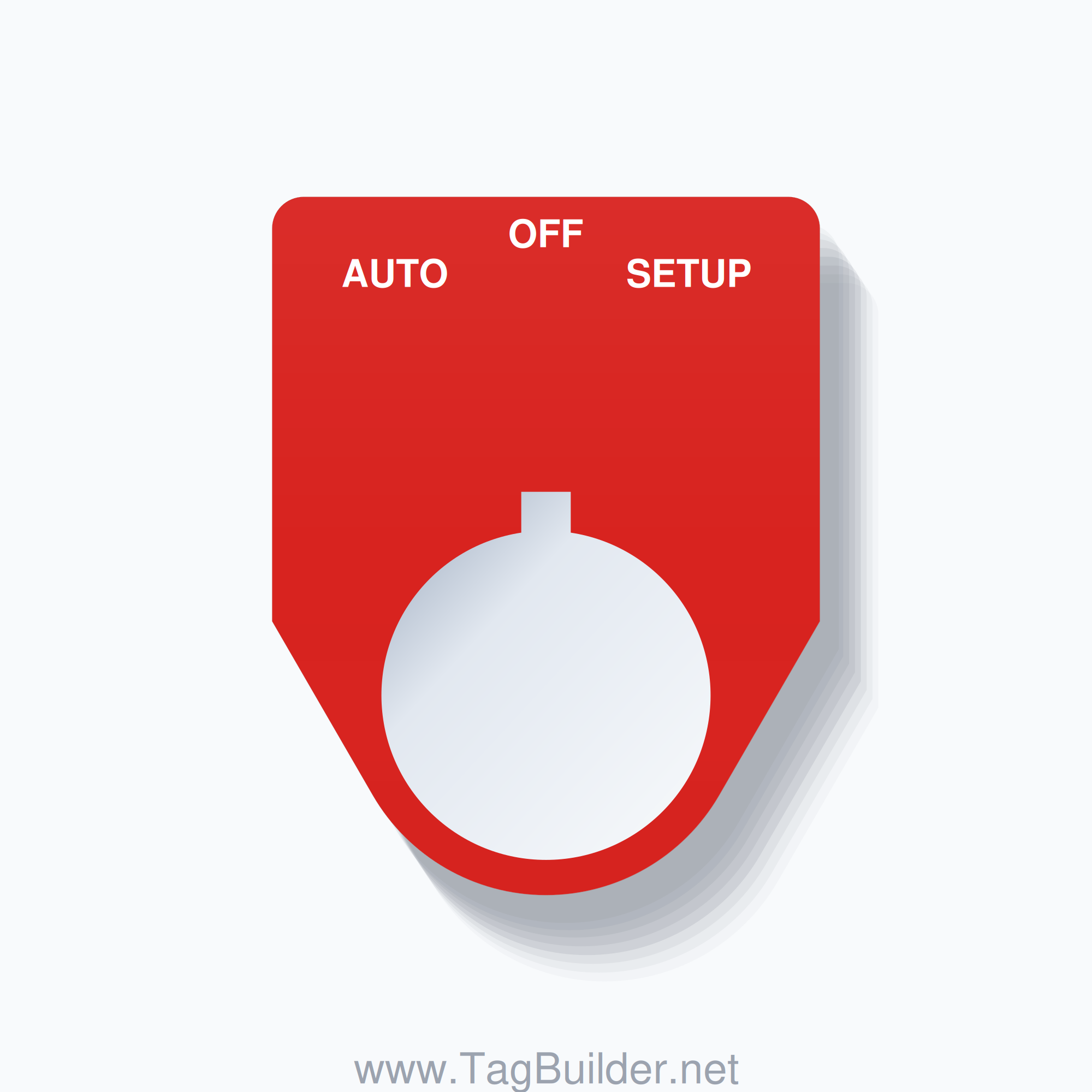 22mm Ring Tag – AUTO OFF SETUP, Three-Line Traditional, Allen-Bradley Compatible, White on Red