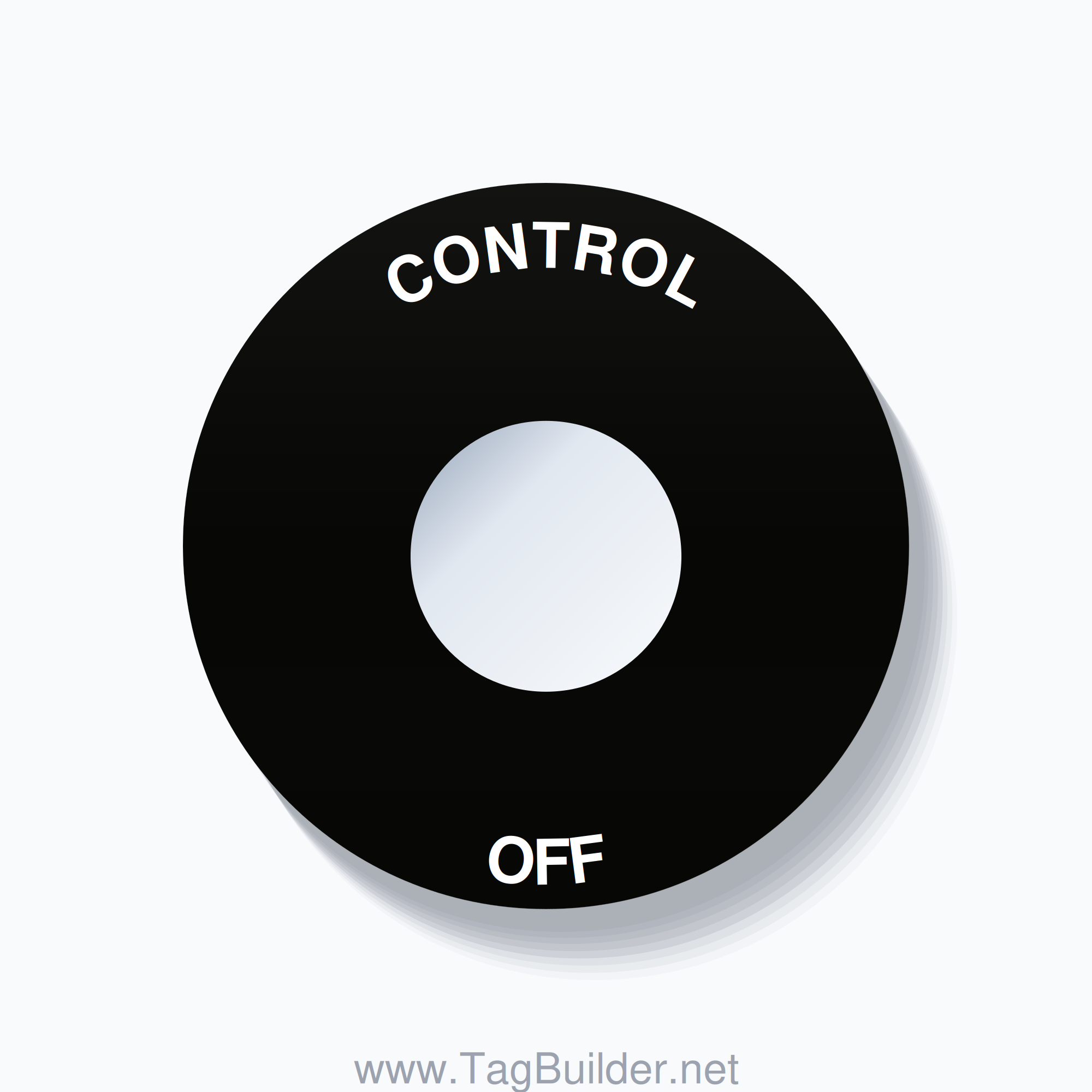 22mm Ring Tag – CONTROL OFF, Single-Line 60mm Round, White on Black
