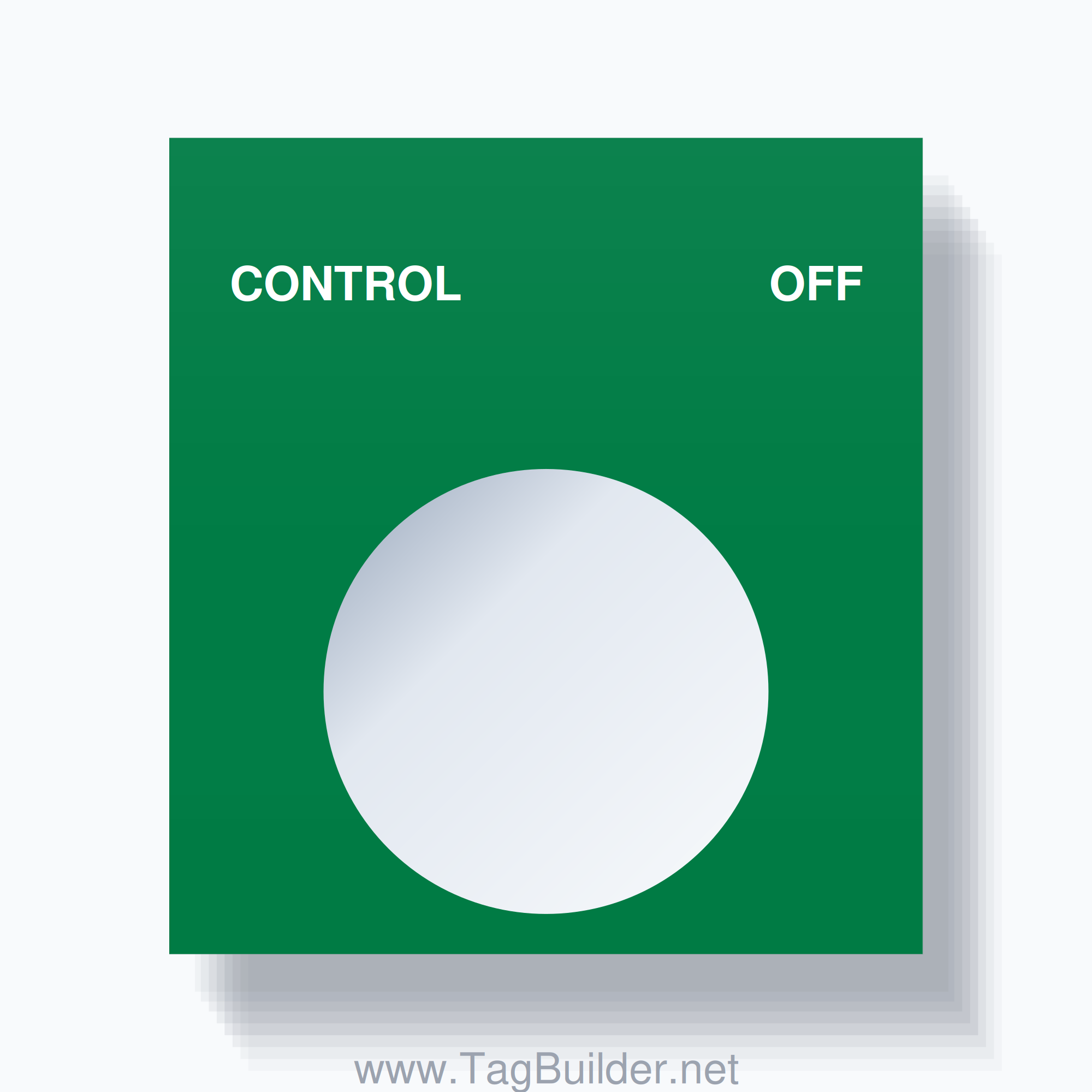 22mm Ring Tag – CONTROL OFF, Two-Line Square, White on Green