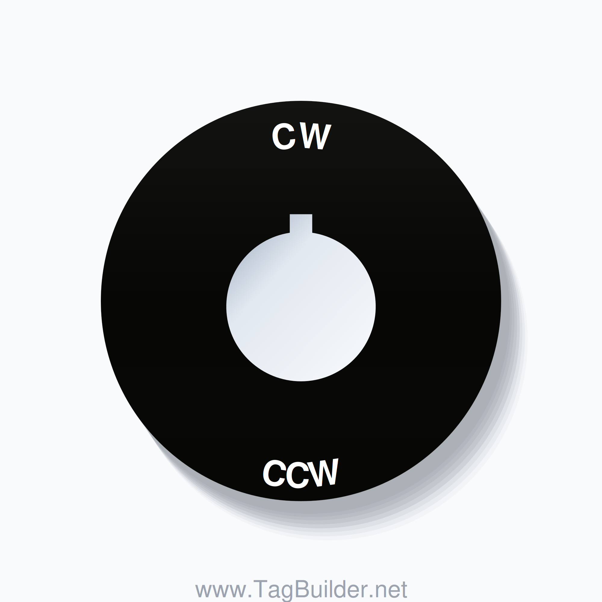22mm Ring Tag – CW CCW, Single-Line 60mm Round, Allen-Bradley Compatible, White on Black