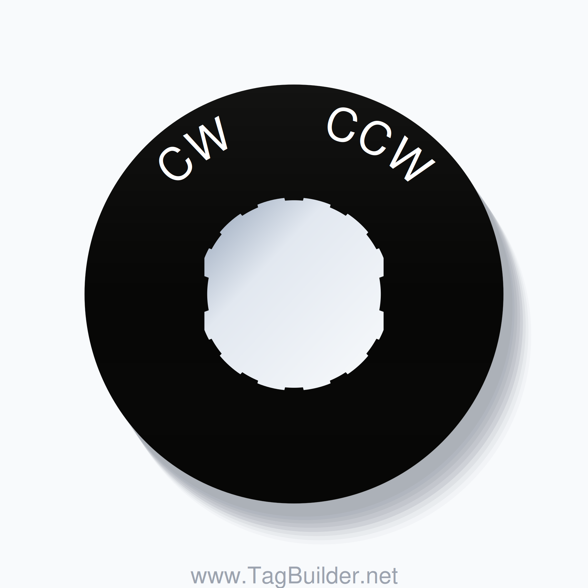 22mm Ring Tag – CW       CCW, Single-Line 60mm Round, Schneider Electric Compatible, White on Black