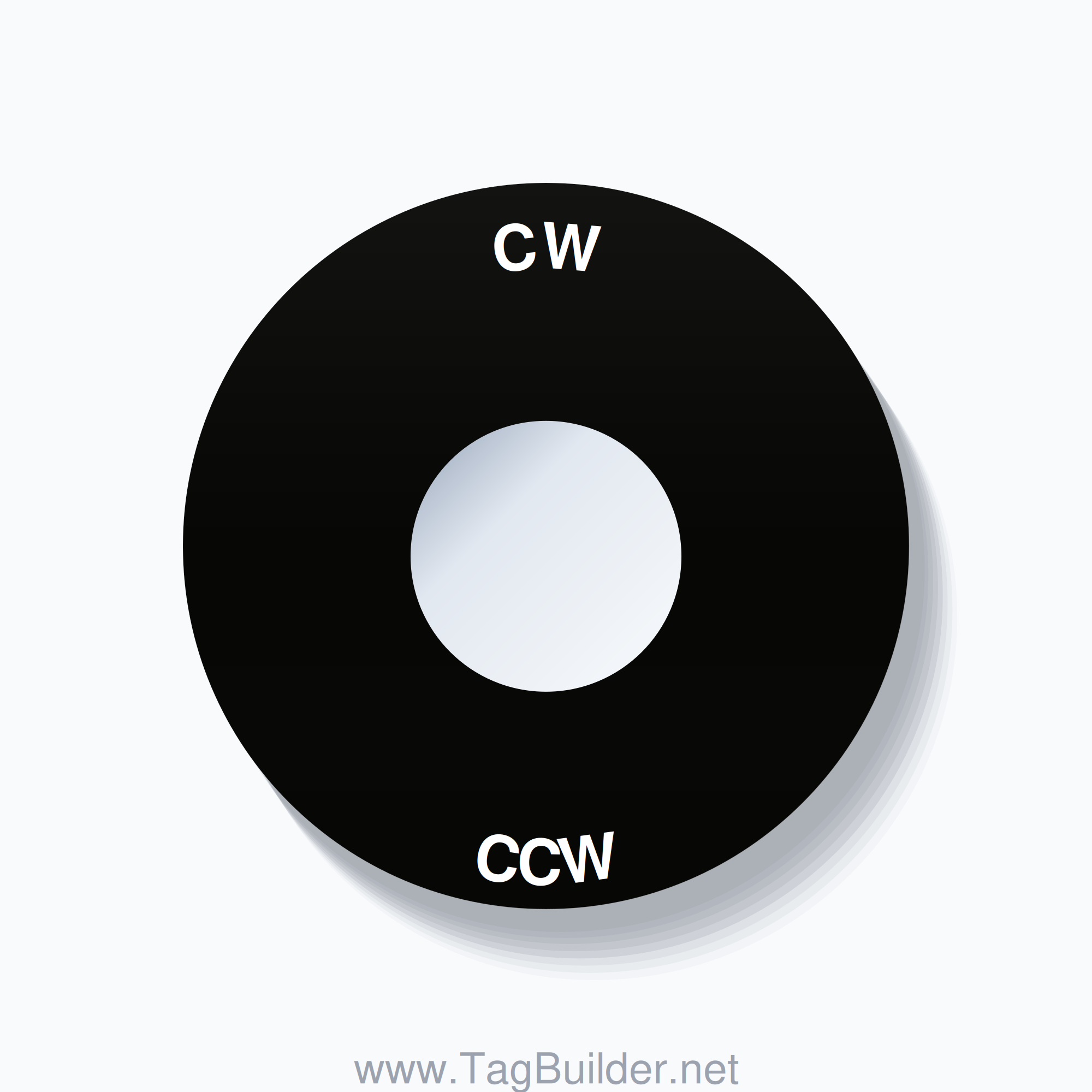 22mm Ring Tag – CW CCW, Single-Line 60mm Round, White on Black