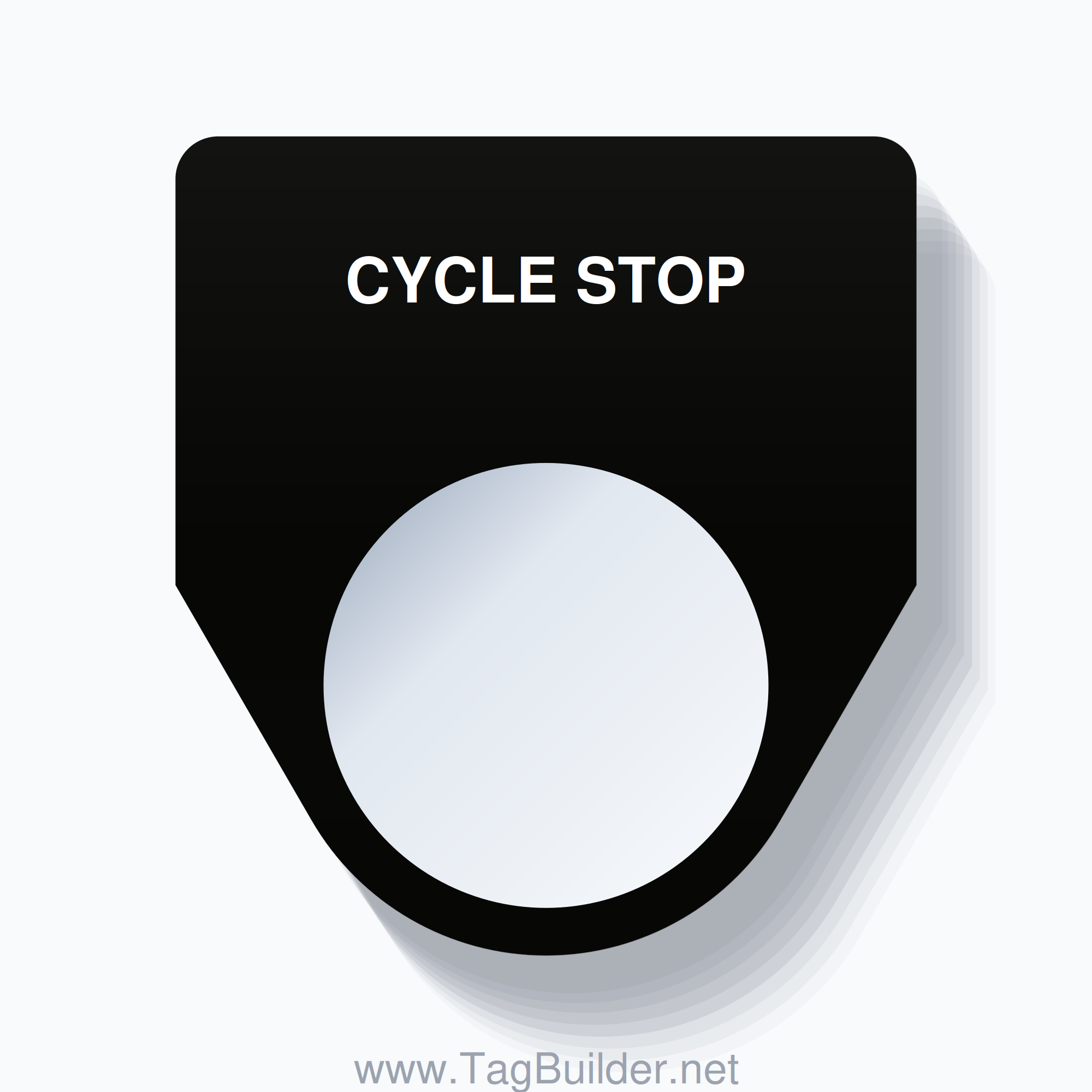 22mm Ring Tag – CYCLE STOP, Single-Line Traditional, White on Black