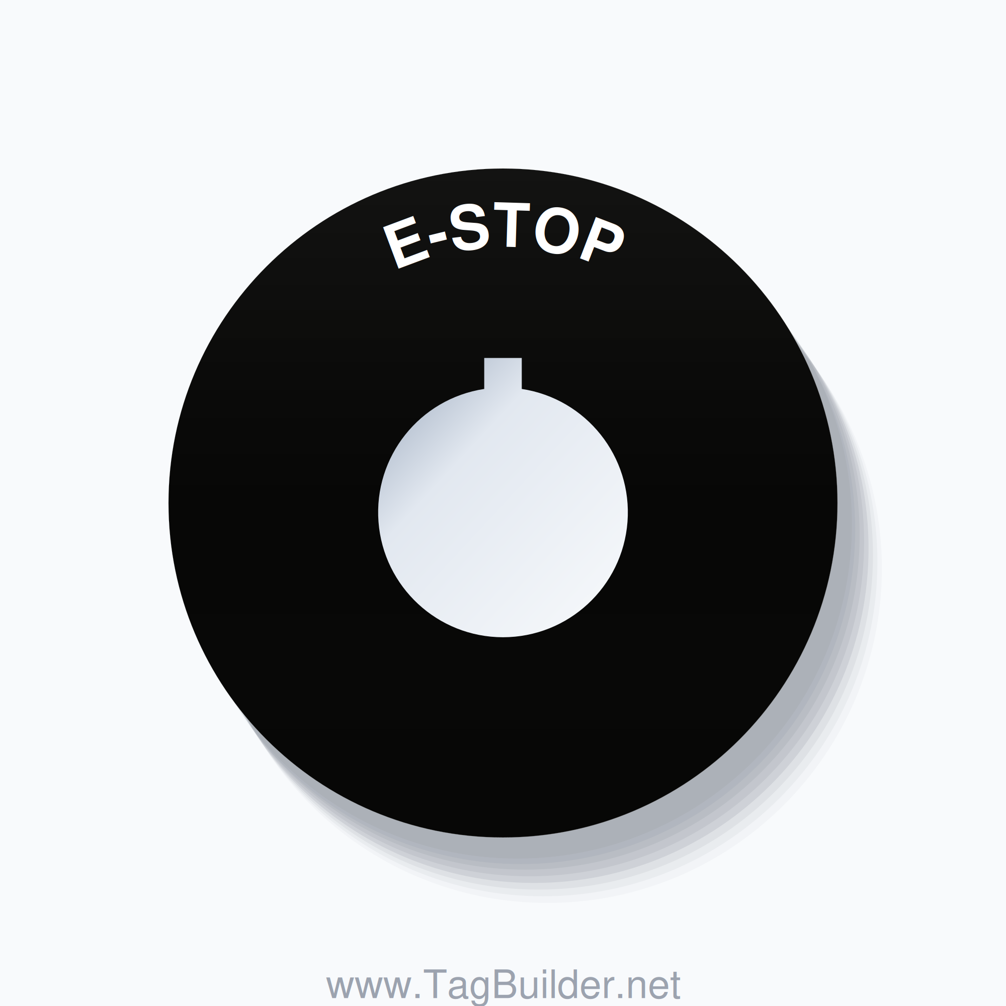 22mm Ring Tag – E-STOP, Single-Line 60mm Round, Allen-Bradley Compatible, White on Black