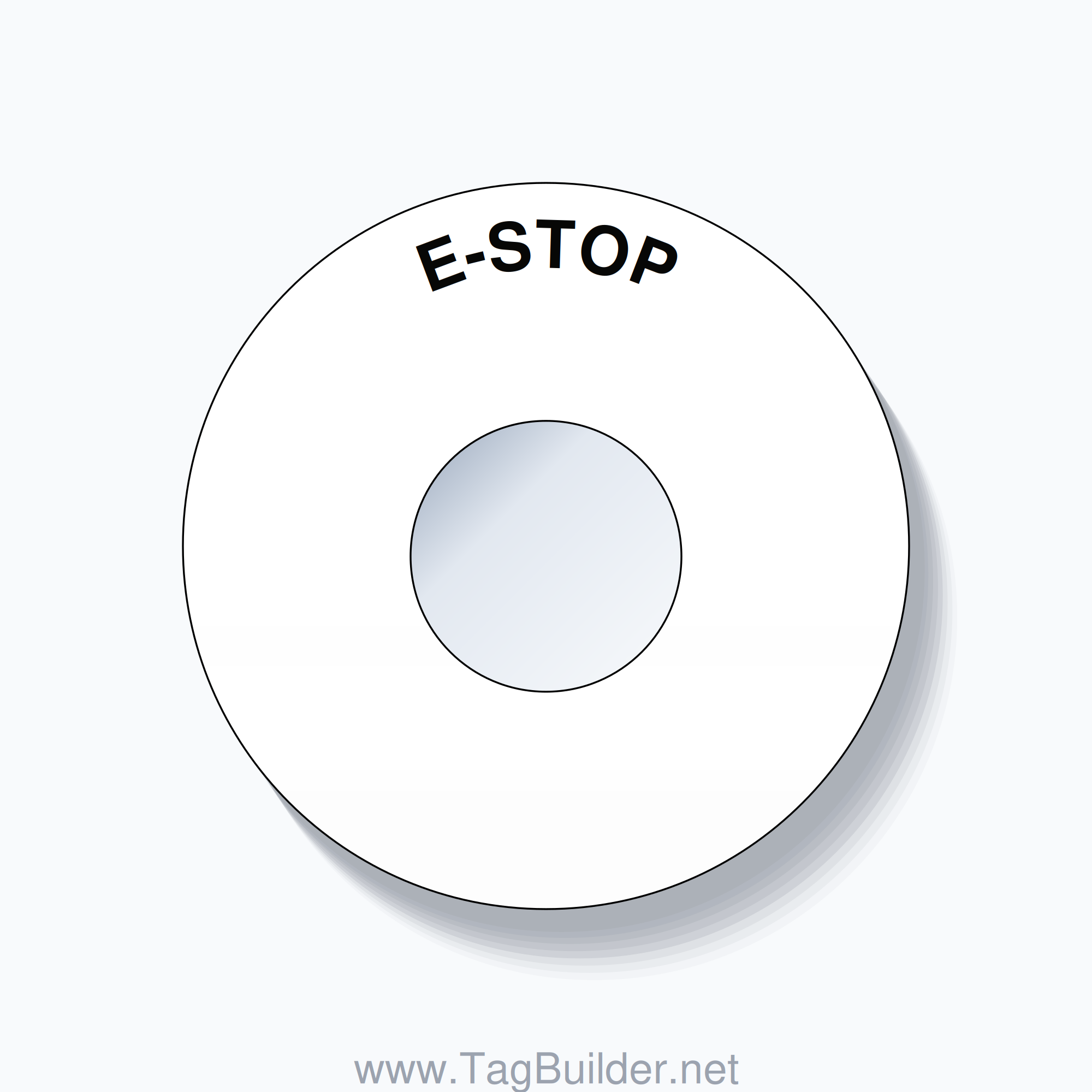 22mm Ring Tag – E-STOP, Single-Line 60mm Round, Black on White