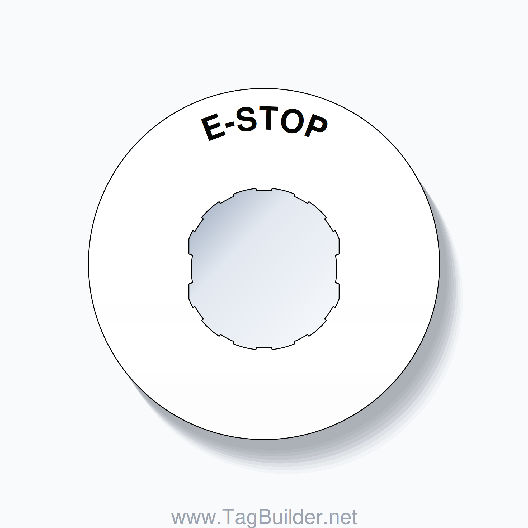 22mm Ring Tag – E-STOP, Single-Line 60mm Round, Schneider Electric Compatible, Black on White