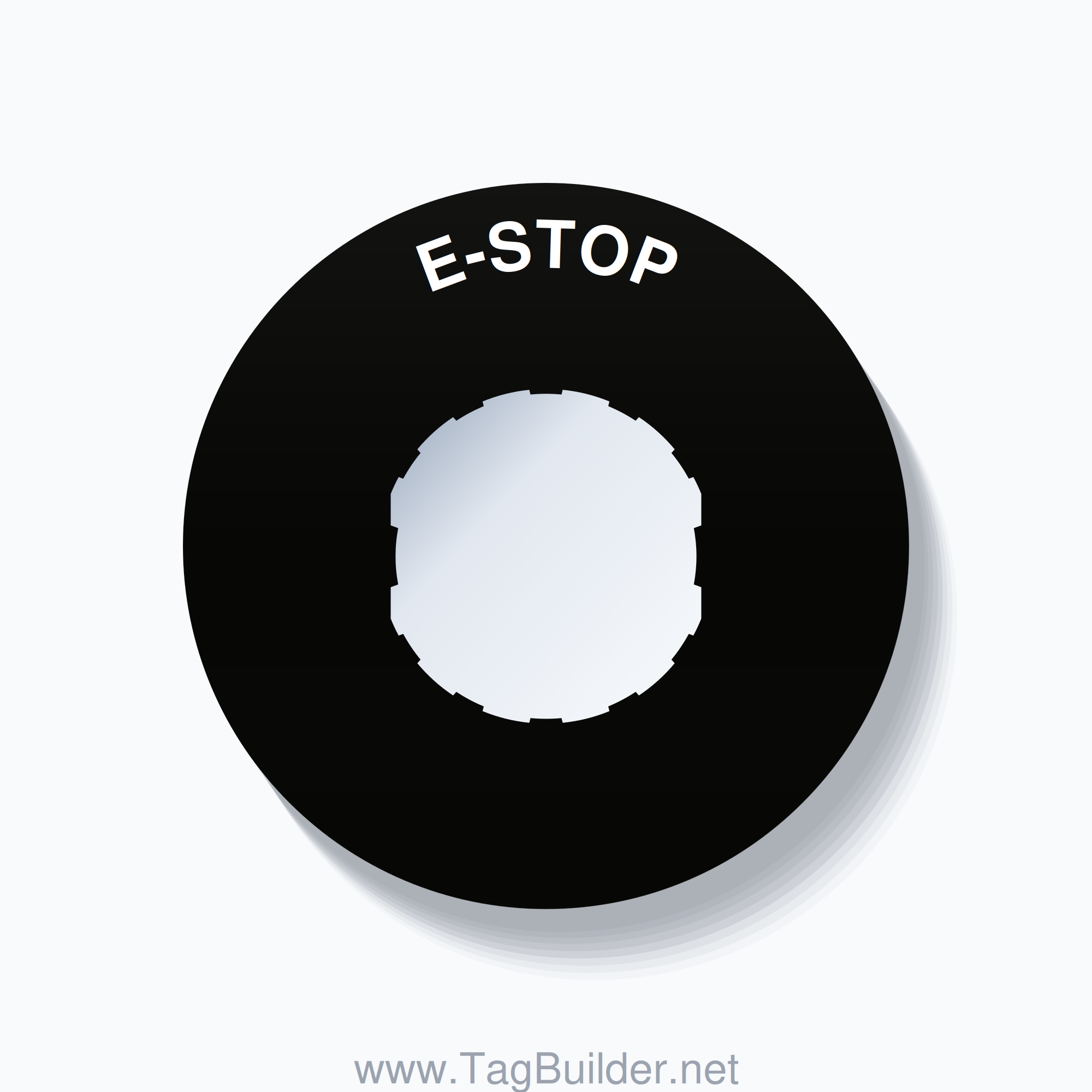 22mm Ring Tag – E-STOP, Single-Line 60mm Round, Schneider Electric Compatible, White on Black