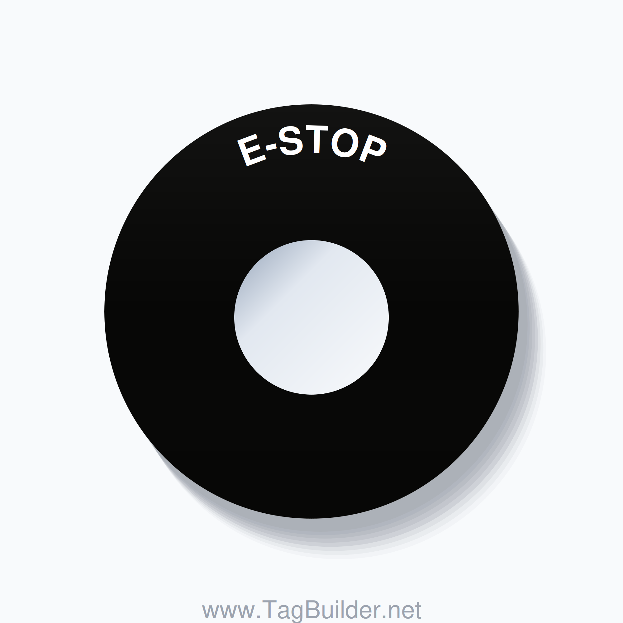 22mm Ring Tag – E-STOP, Single-Line 60mm Round, White on Black