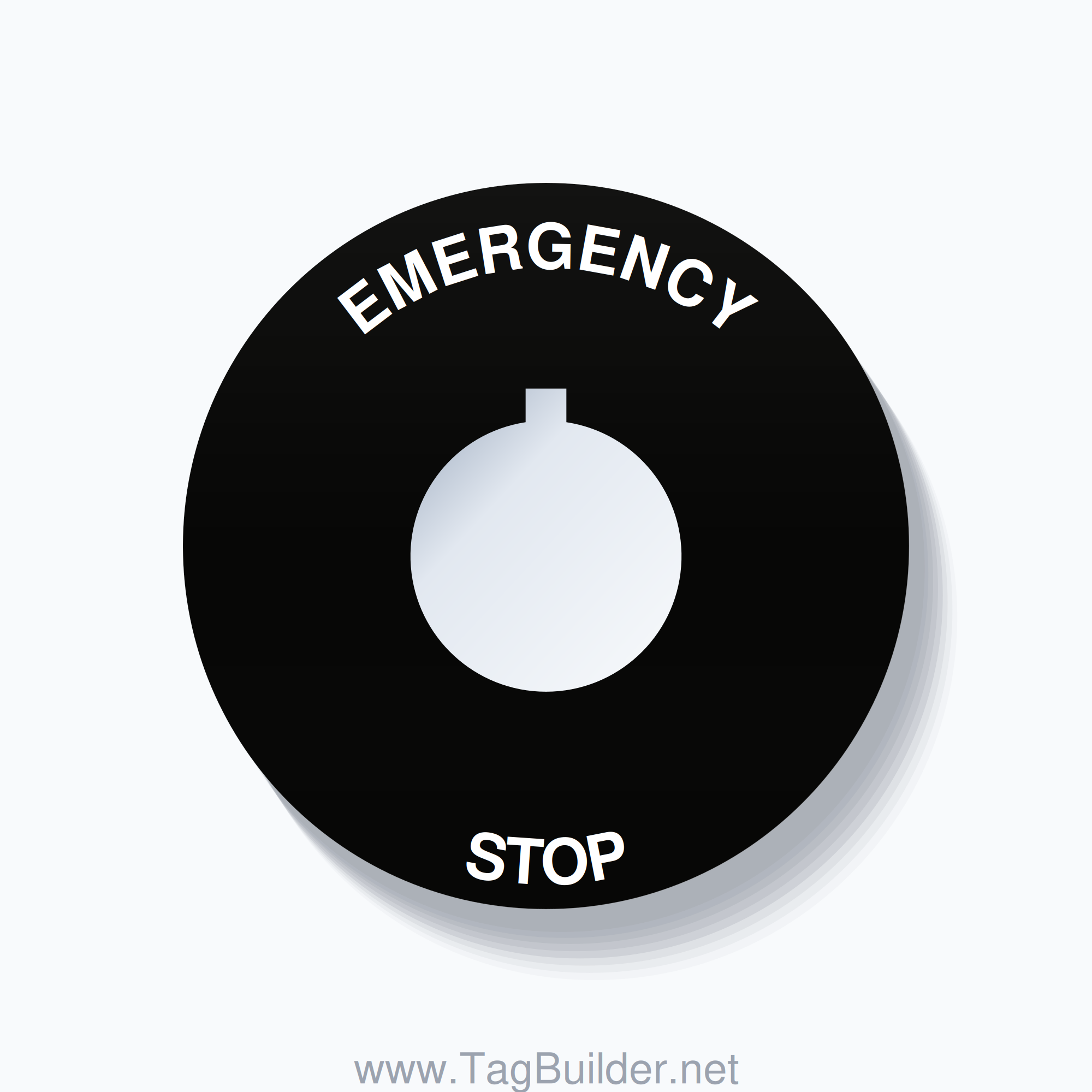 22mm Ring Tag – EMERGENCY STOP, Single-Line 60mm Round, Allen-Bradley Compatible, White on Black