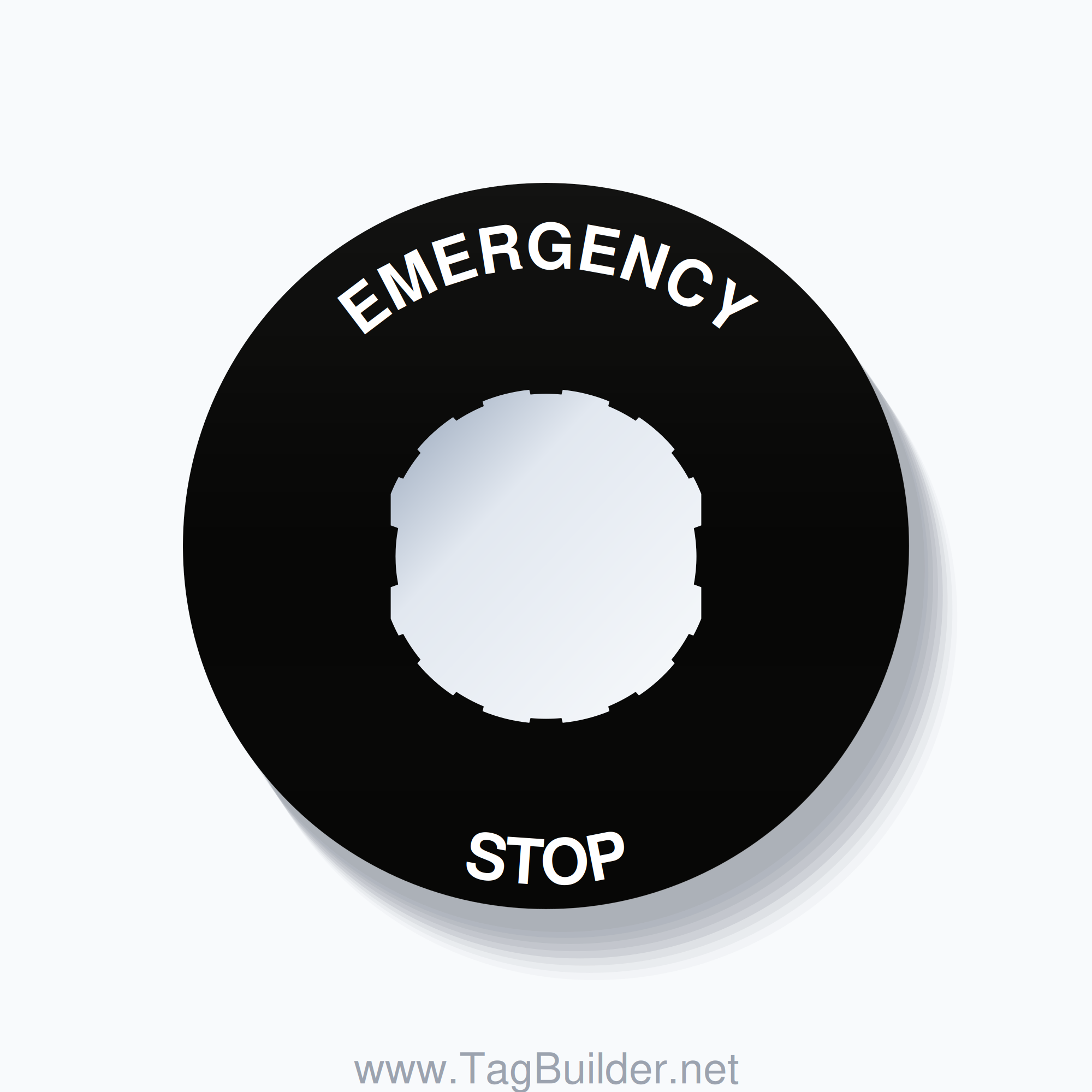 22mm Ring Tag – EMERGENCY STOP, Single-Line 60mm Round, Schneider Electric Compatible, White on Black