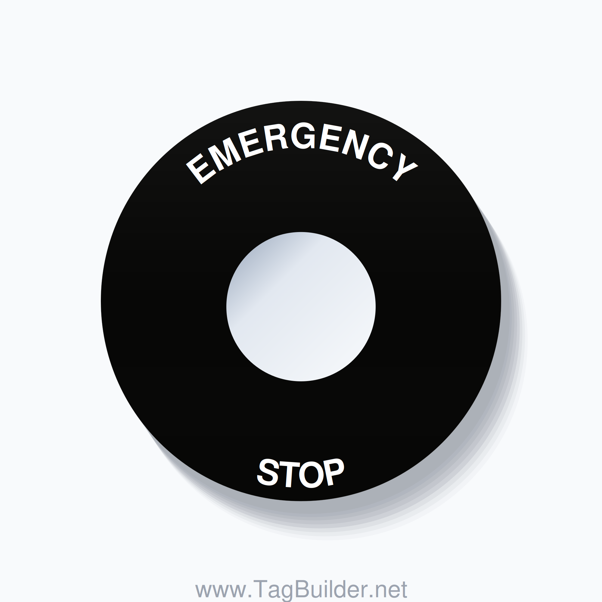 22mm Ring Tag – EMERGENCY STOP, Single-Line 60mm Round, White on Black