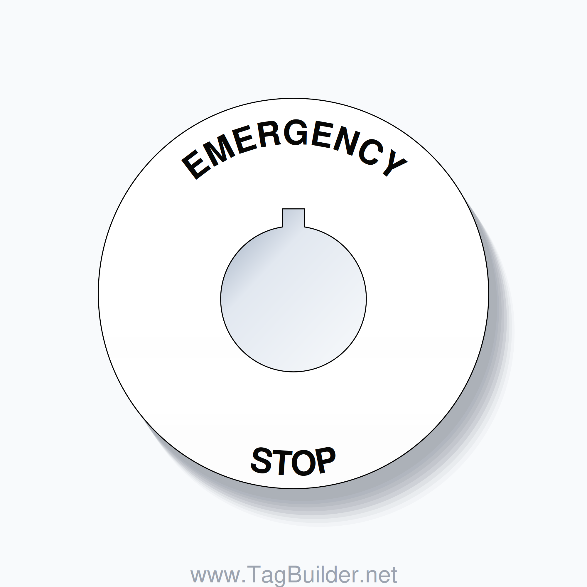 22mm Ring Tag – EMERGENCY STOP, Single-Line 60mm Round, Allen-Bradley Compatible, Black on White
