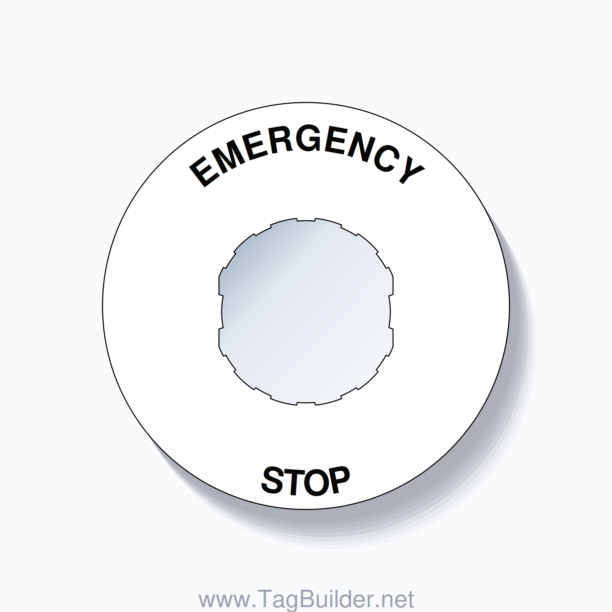 22mm Ring Tag – EMERGENCY STOP, Single-Line 60mm Round, Schneider Electric Compatible, Black on White
