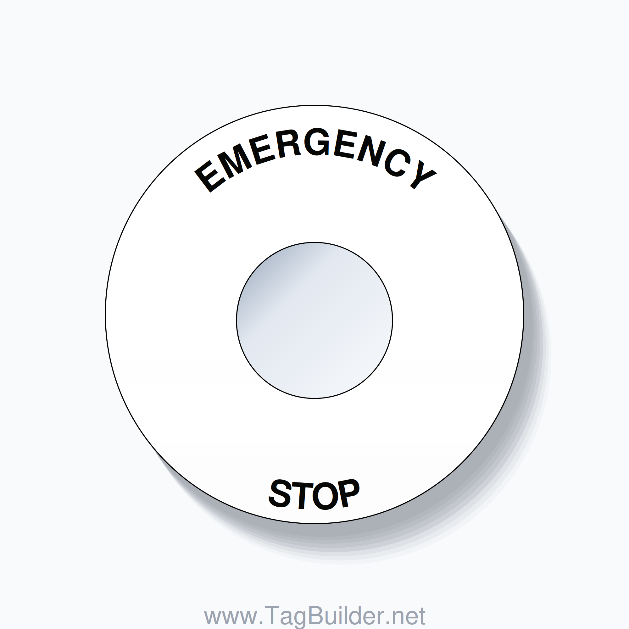 22mm Ring Tag – EMERGENCY STOP, Single-Line 60mm Round, Black on White
