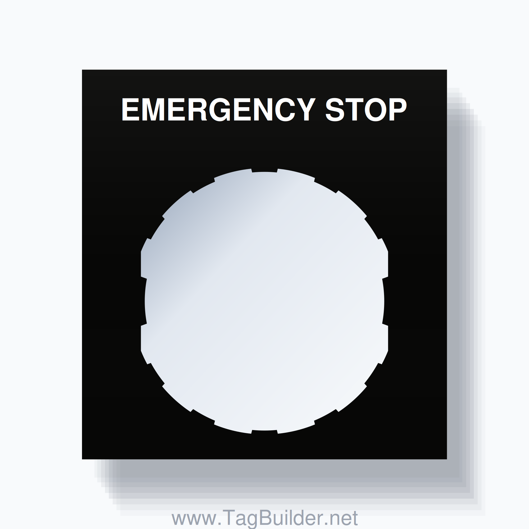 22mm Ring Tag – EMERGENCY STOP, Single-Line Square, Schneider Electric Compatible, White on Black