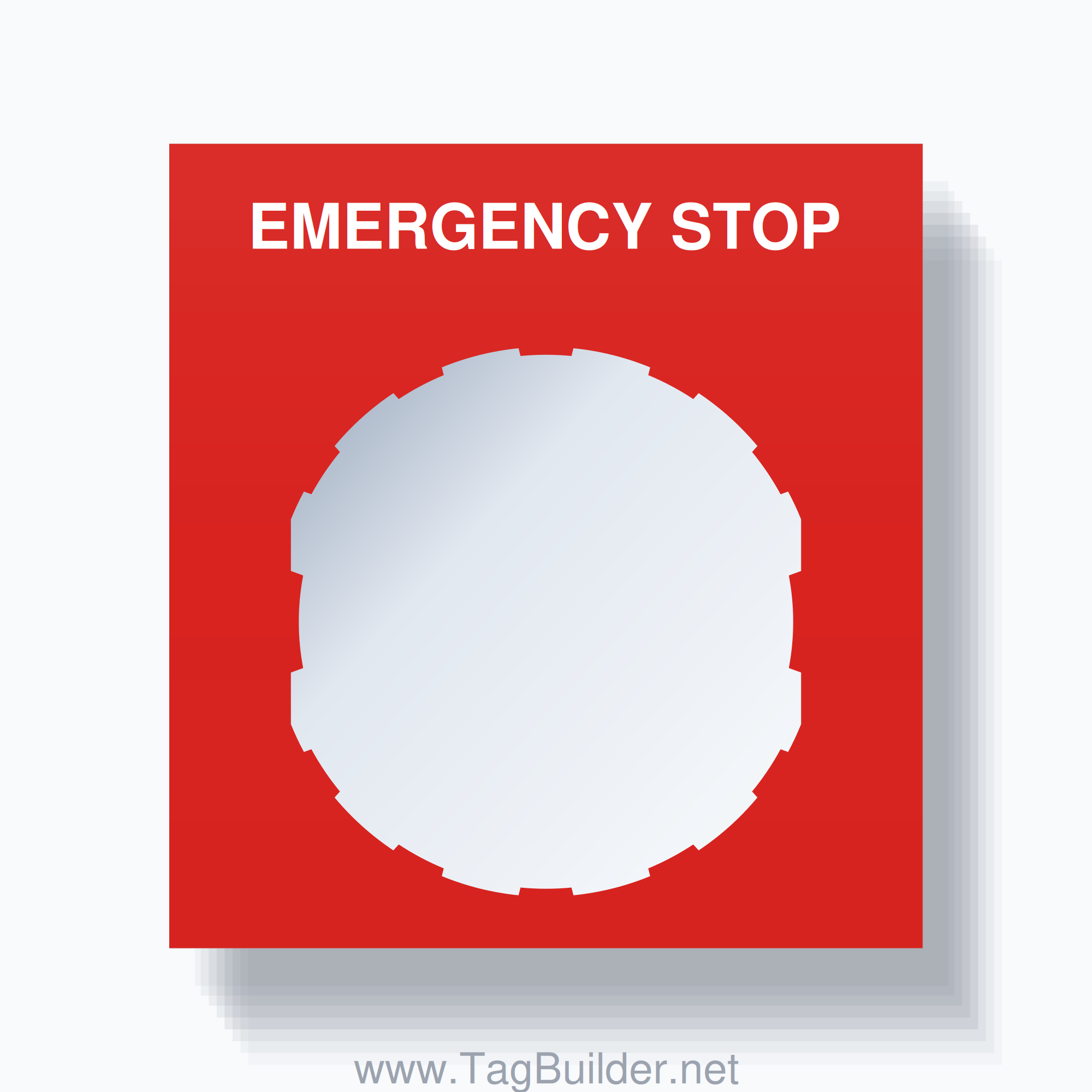 22mm Ring Tag – EMERGENCY STOP, Single-Line Square, Schneider Electric Compatible, White on Red