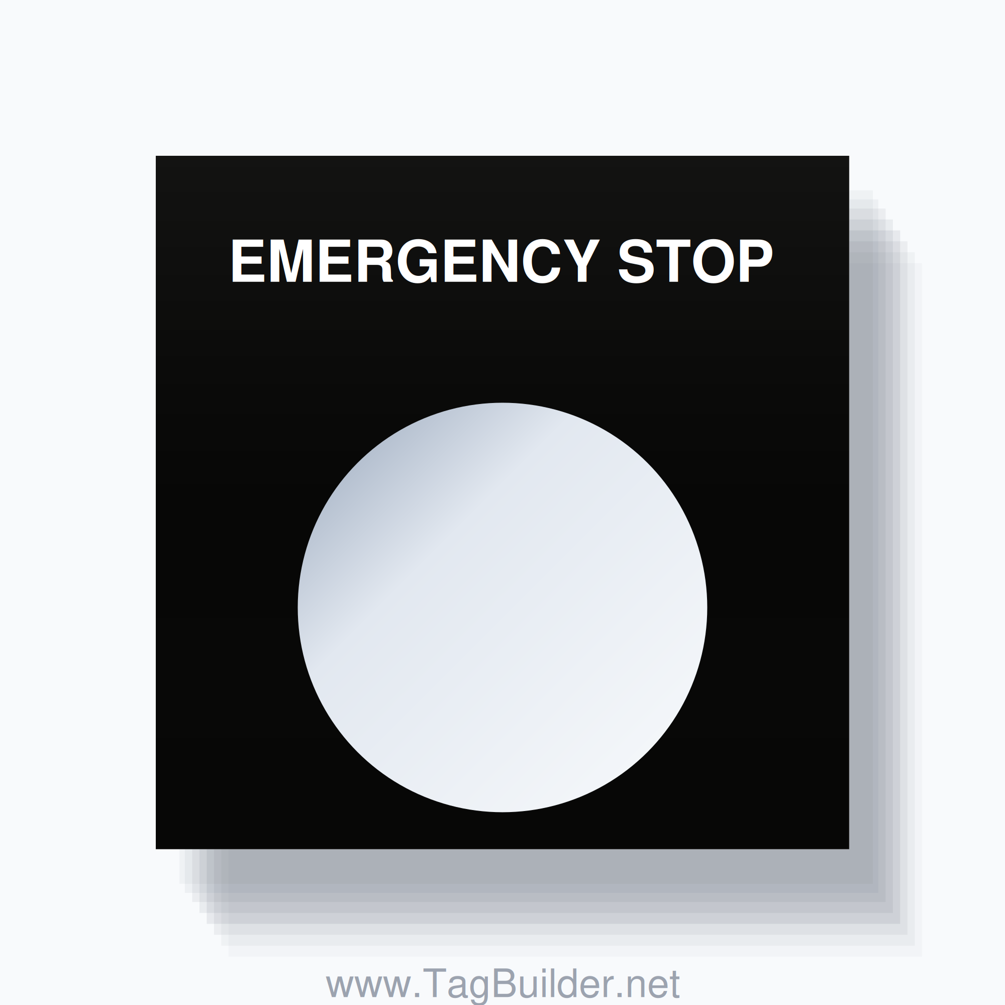 22mm Ring Tag – EMERGENCY STOP, Single-Line Square, White on Black