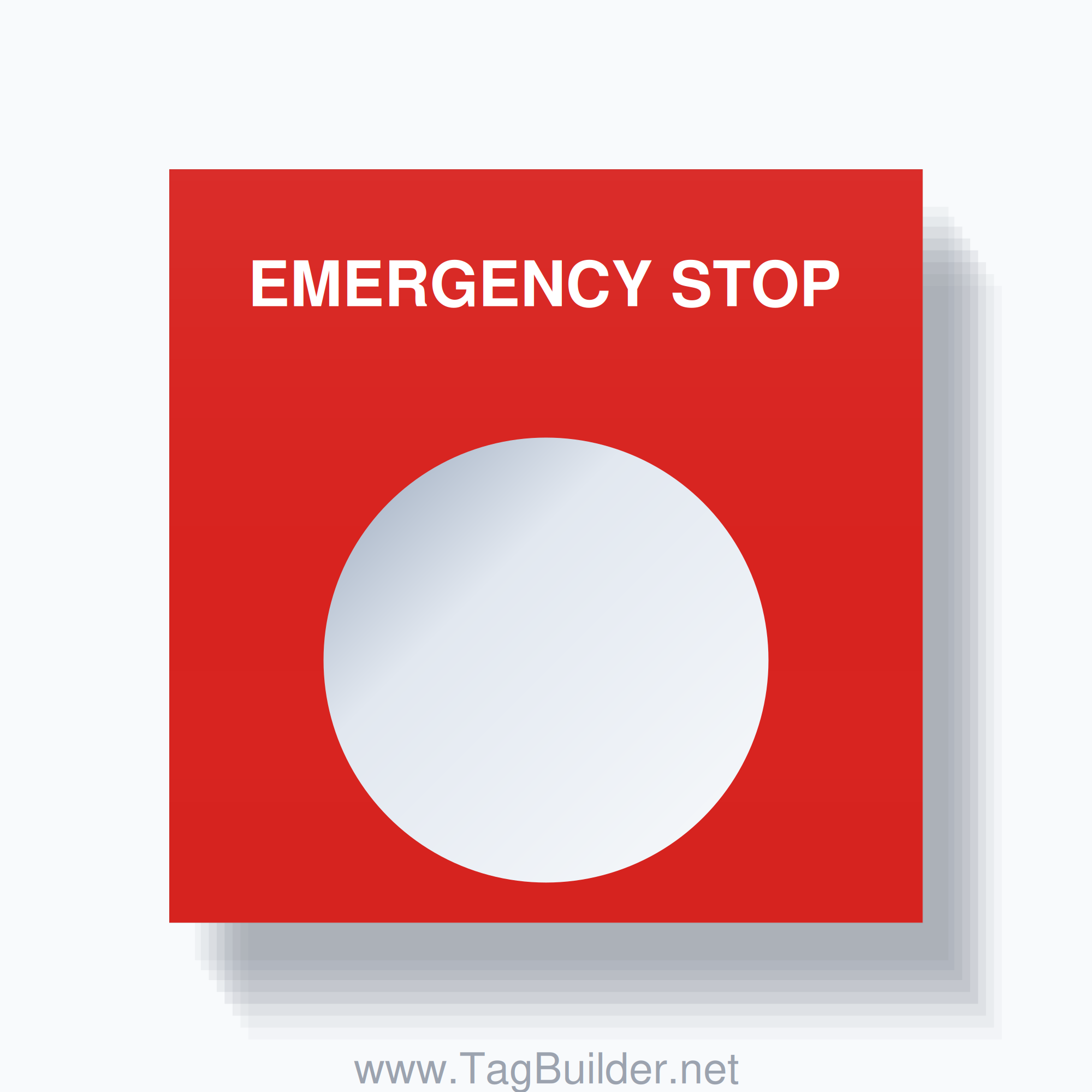22mm Ring Tag – EMERGENCY STOP, Single-Line Square, White on Red