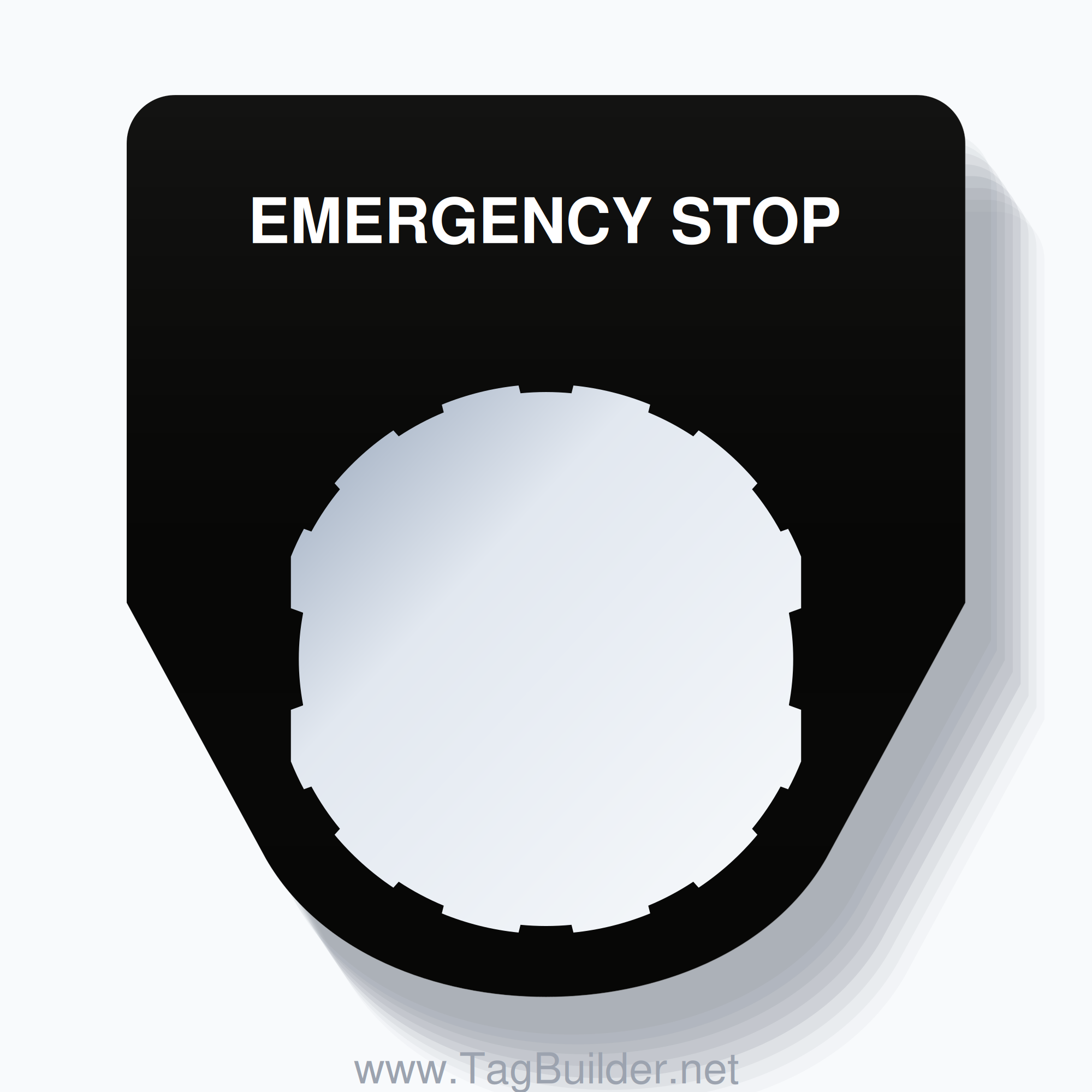 22mm Ring Tag – EMERGENCY STOP, Single-Line Traditional, Schneider Electric Compatible, White on Black