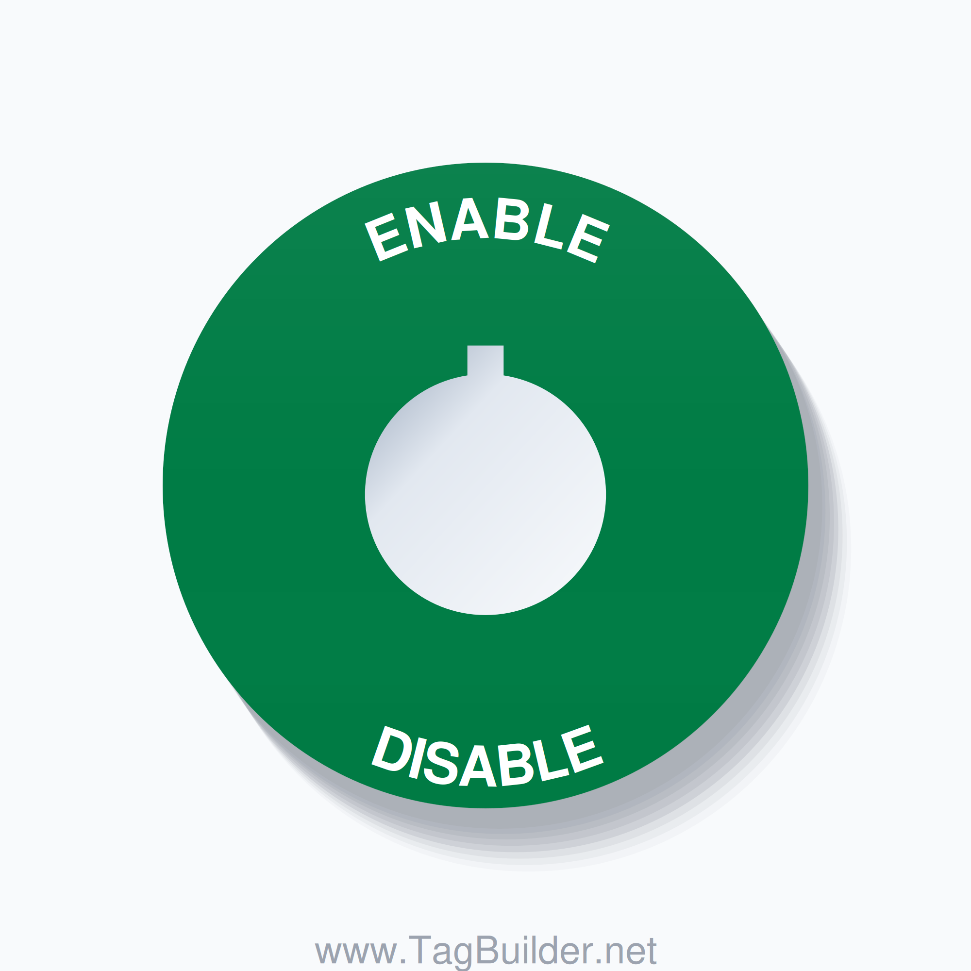 22mm Ring Tag – ENABLE DISABLE, Single-Line 60mm Round, Allen-Bradley Compatible, White on Green