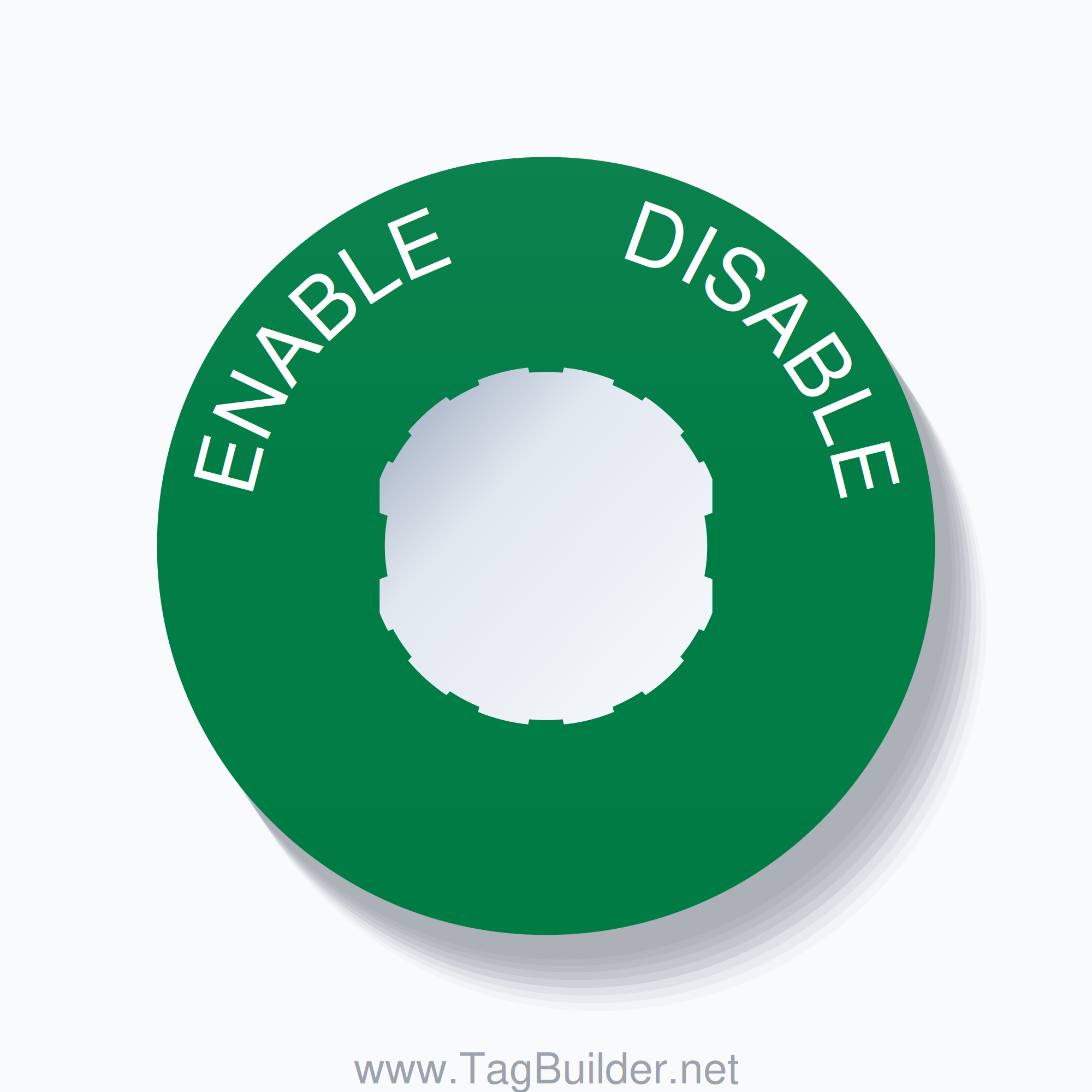 22mm Ring Tag – ENABLE       DISABLE, Single-Line 60mm Round, Schneider Electric Compatible, White on Green