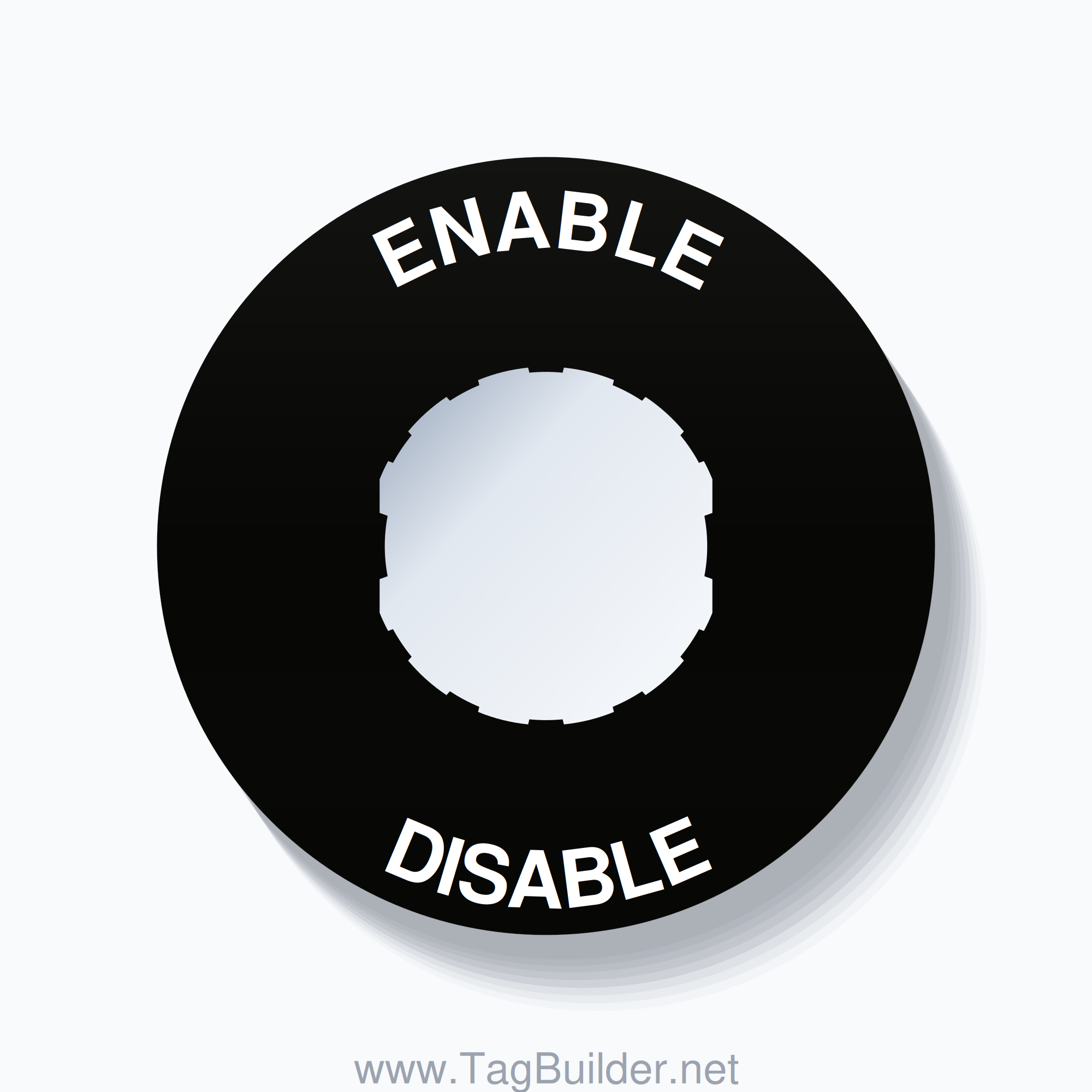 22mm Ring Tag – ENABLE DISABLE, Single-Line 60mm Round, Schneider Electric Compatible, White on Black
