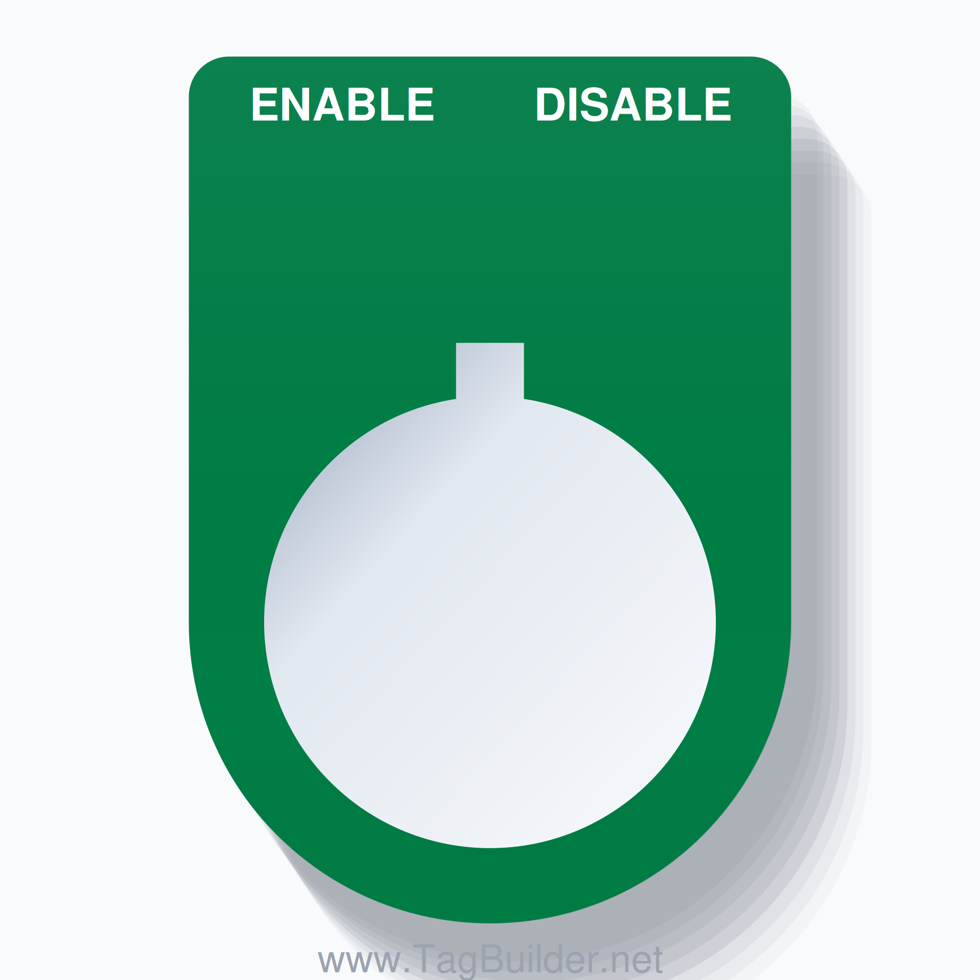 22mm Ring Tag – ENABLE DISABLE, Two-Line Slim, Allen-Bradley Compatible, White on Green