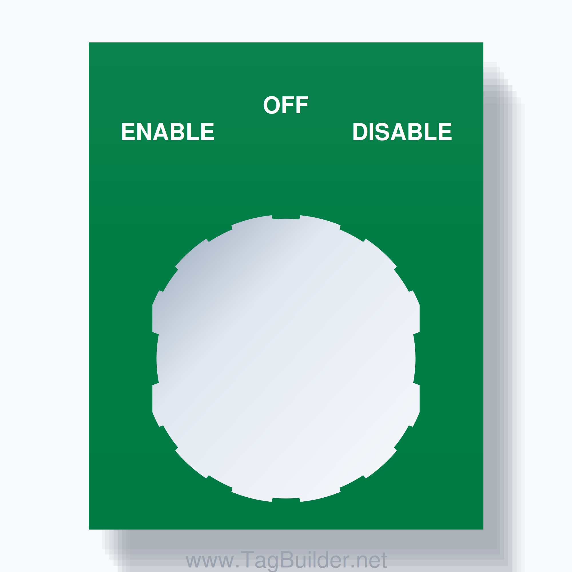 22mm Ring Tag – ENABLE OFF DISABLE, Three-Line Square, Schneider Electric Compatible, White on Green