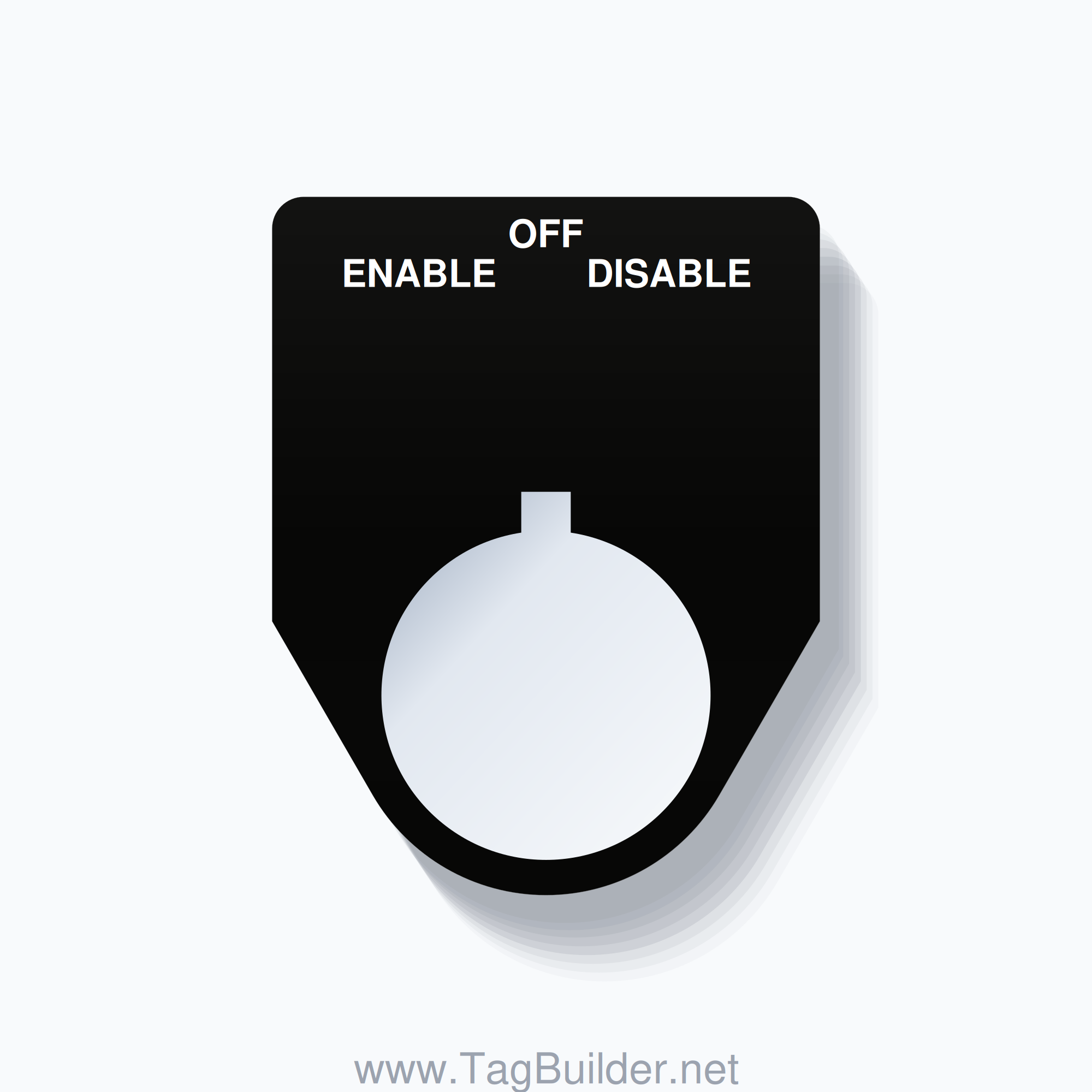22mm Ring Tag – ENABLE OFF DISABLE, Three-Line Traditional, Allen-Bradley Compatible, White on Black