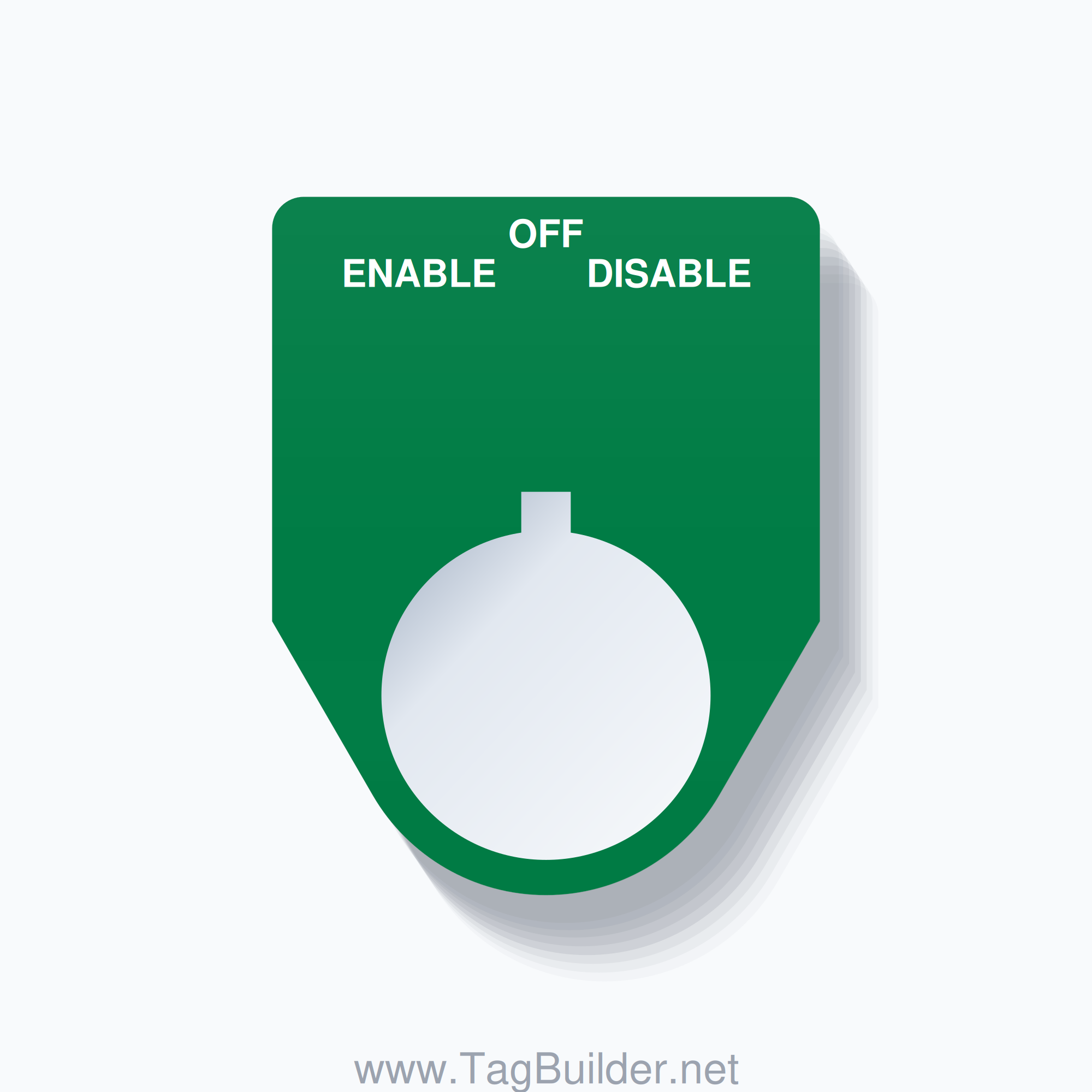 22mm Ring Tag – ENABLE OFF DISABLE, Three-Line Traditional, Allen-Bradley Compatible, White on Green