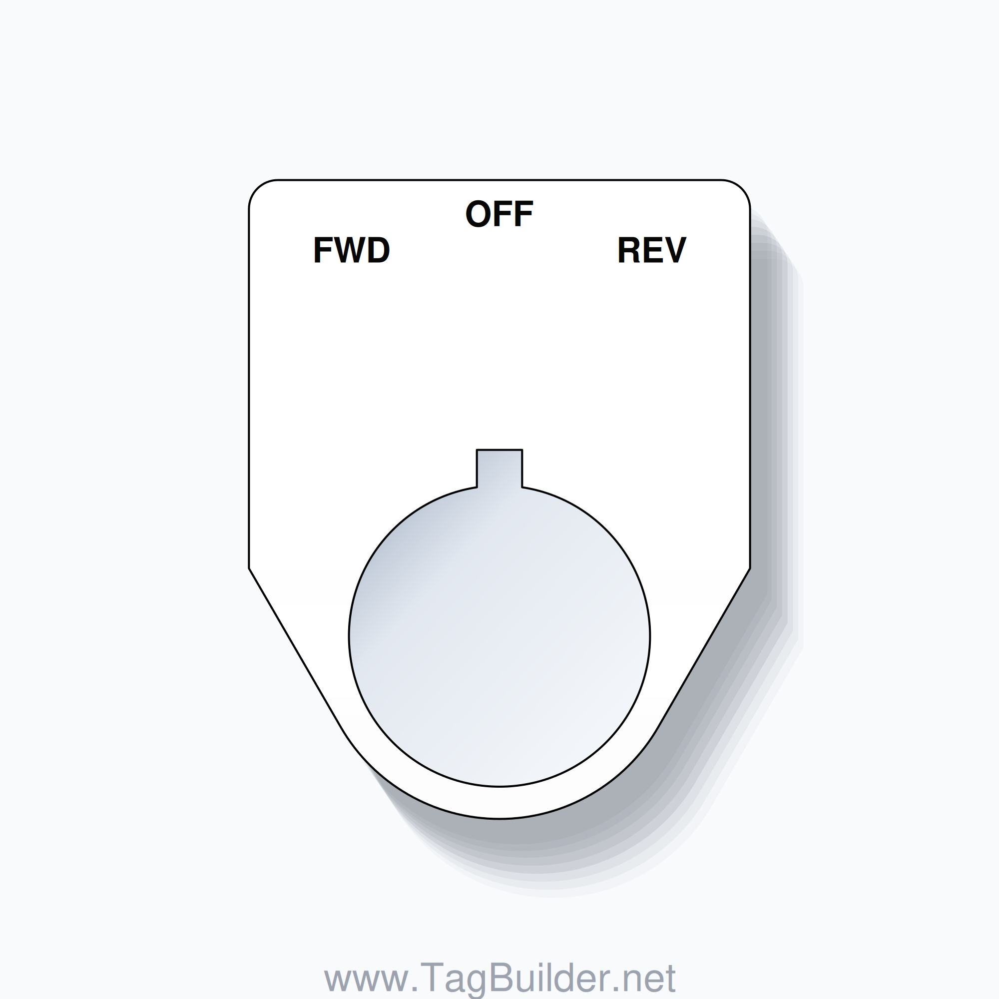 22mm Ring Tag – FWD OFF REV, Three-Line Traditional, Allen-Bradley Compatible, Black on White