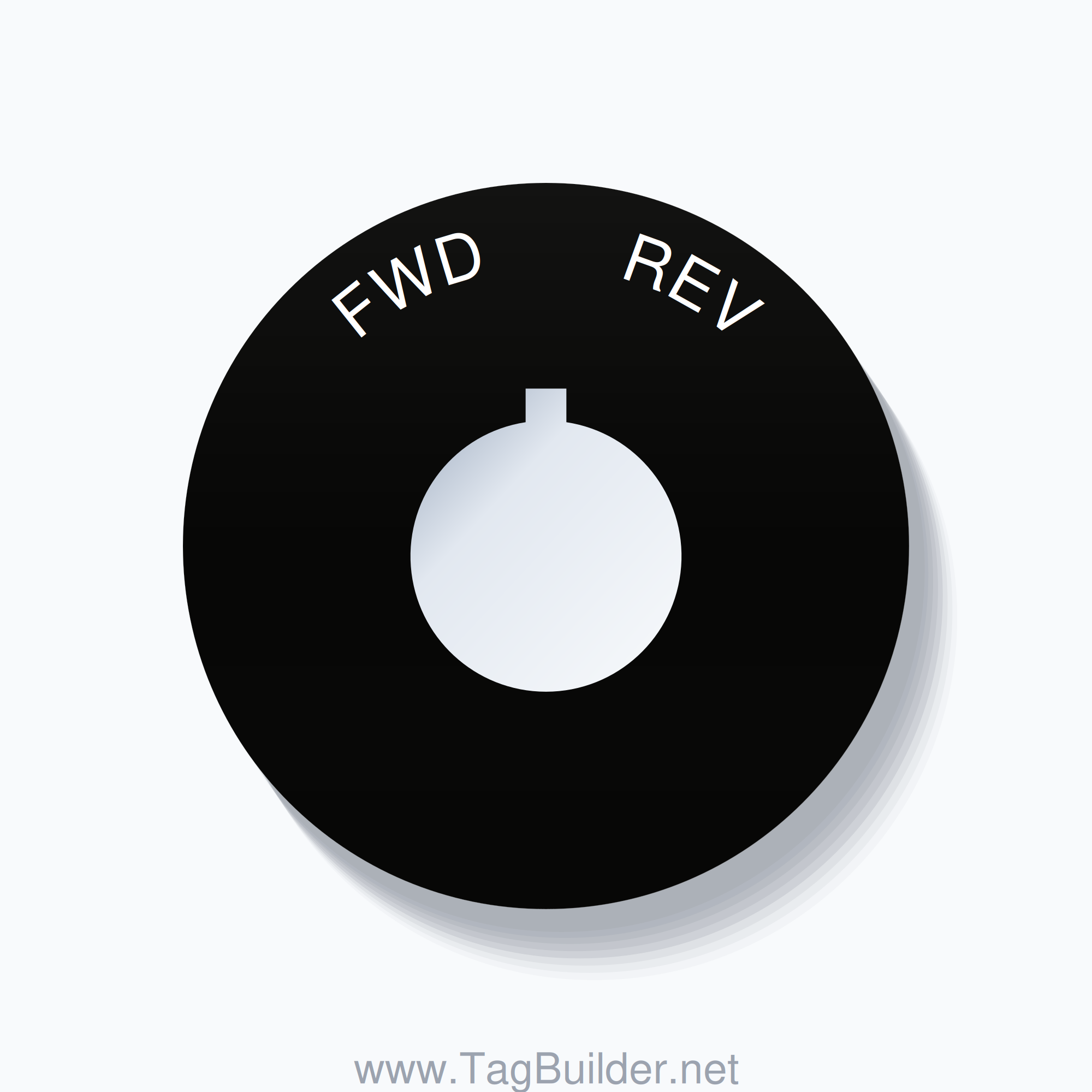 22mm Ring Tag – FWD       REV, Single-Line 60mm Round, Allen-Bradley Compatible, White on Black