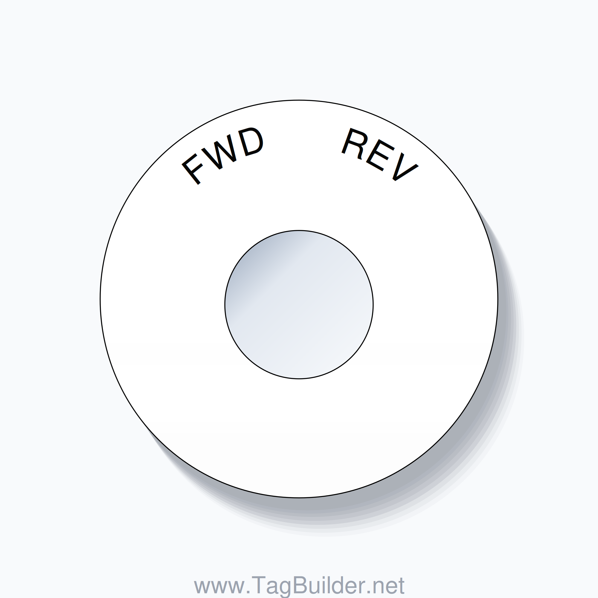22mm Ring Tag – FWD       REV, Single-Line 60mm Round, Black on White